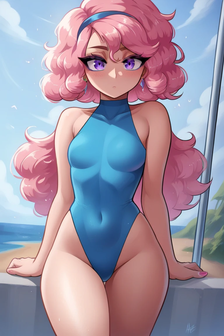 score_9, score_8_up, score_7_up, 1girl, solo, starfire, from teen titans, tan skin, show art style, one piece swimsuit, stretching, hands behind head, dynamic view, dynamic angle, outdoors, beach, <lora:Starfire_PonyXL:1>