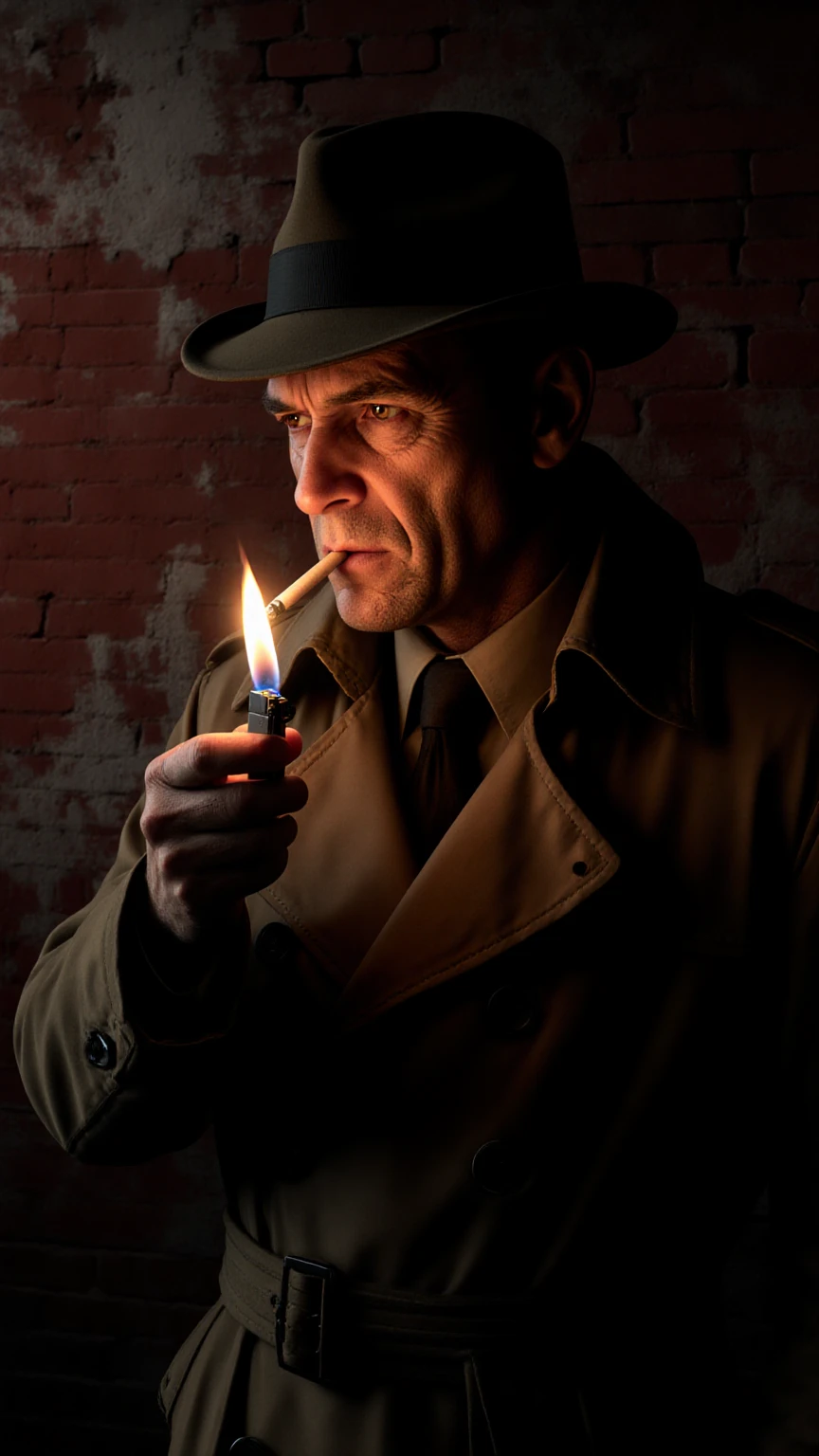(man holding a gun, standing, shoting, bullets:1), (1boy), (bricks, corner, light:1.2),(coat, tie, shoes:1.2), looking at viewer, from below, smile, (NoirStyle:1.5), (retro, cinematic, high contrast, spot light), (smoke:1.2),
(detailed ladscape:1.2), (dynamic_angle:1.2), (dynamic_pose:1.2),
(realistic:1.4), ((realism)), (masterpiece:1.2), (best quality), (ultra detailed:1.2), (8k, 4k, intricate), (canon R5, 50mm focal length, f/5.6), (cowboy shot:1), (85mm),light particles, lighting, (highly detailed:1.2),(detailed face:1.2), (gradients), colorful,(detailed eyes:1.2), (ultra photorealistic:1.2), (detailed skin:1.2),
<lora:epiNoiseoffset_v2:0.5> <lora:Noir_style:0.8>