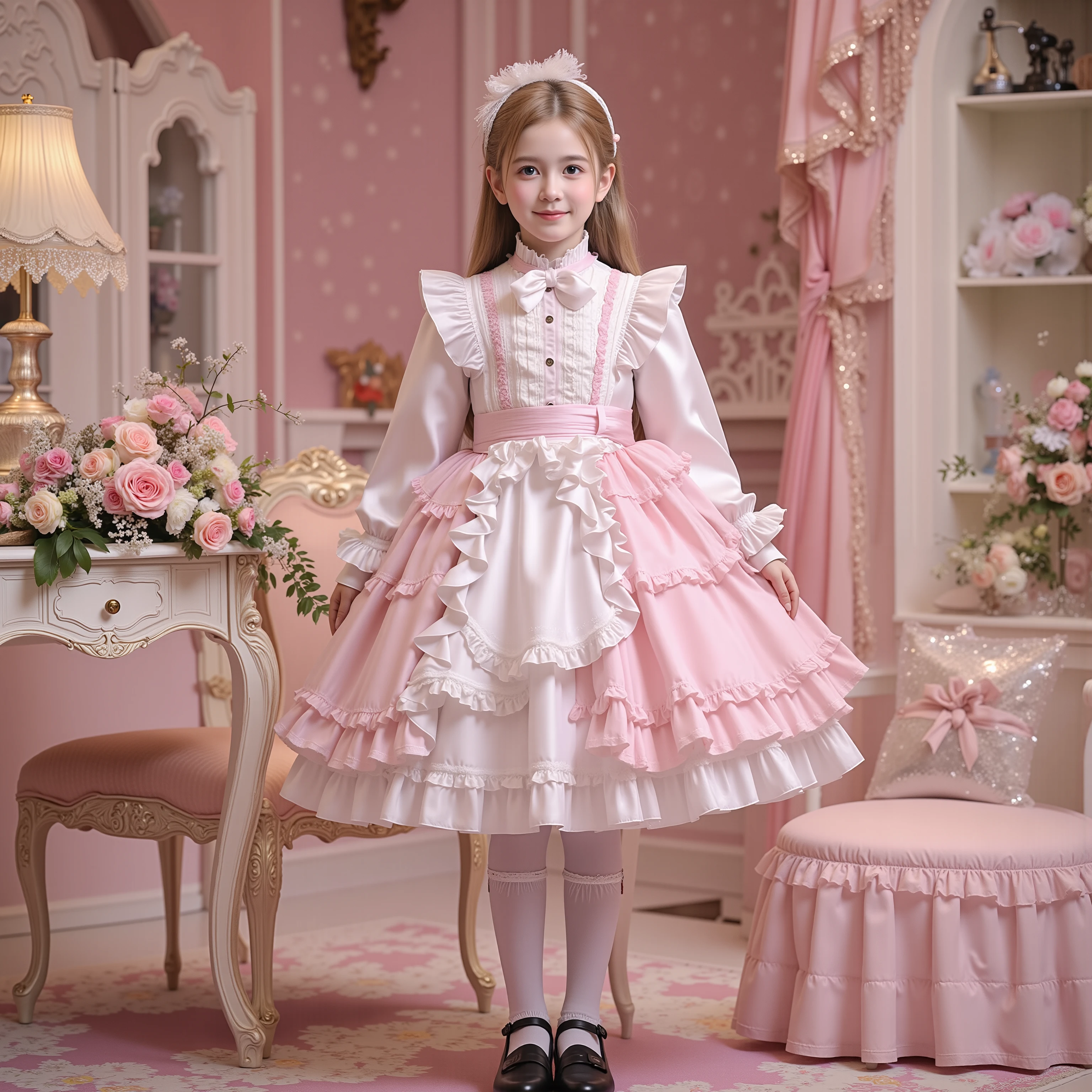 (( Distant Scenery,realistic,full body,standing:1.2)),Highest Quality, masterpiece, highest resolution, super それにget used to it, many get used to it, get used to it, それにget used to it, 3 photos ,,,. ((10 year old European girl,Blonde Long Hair,blue eyes:1.0)),Get used to a super thin young face,lovely smile,baby-like face,ultra high resolution, complicated details, Back hair tied with a ribbon,smile,pastel-colored silk satin dress cutely adorned with ruffles and ribbons, (round large ruffle collar,bow tie,long sleeve, ruffle sleeve ,White Ruffle Blouse,Ruffle placket, ruffles are cute ,frill skirt,Very Elaborate Costume:1.3),(medium skirt,short balloon skirt)),long black socks with ruffles,black loafers,small breasts,detailed background,