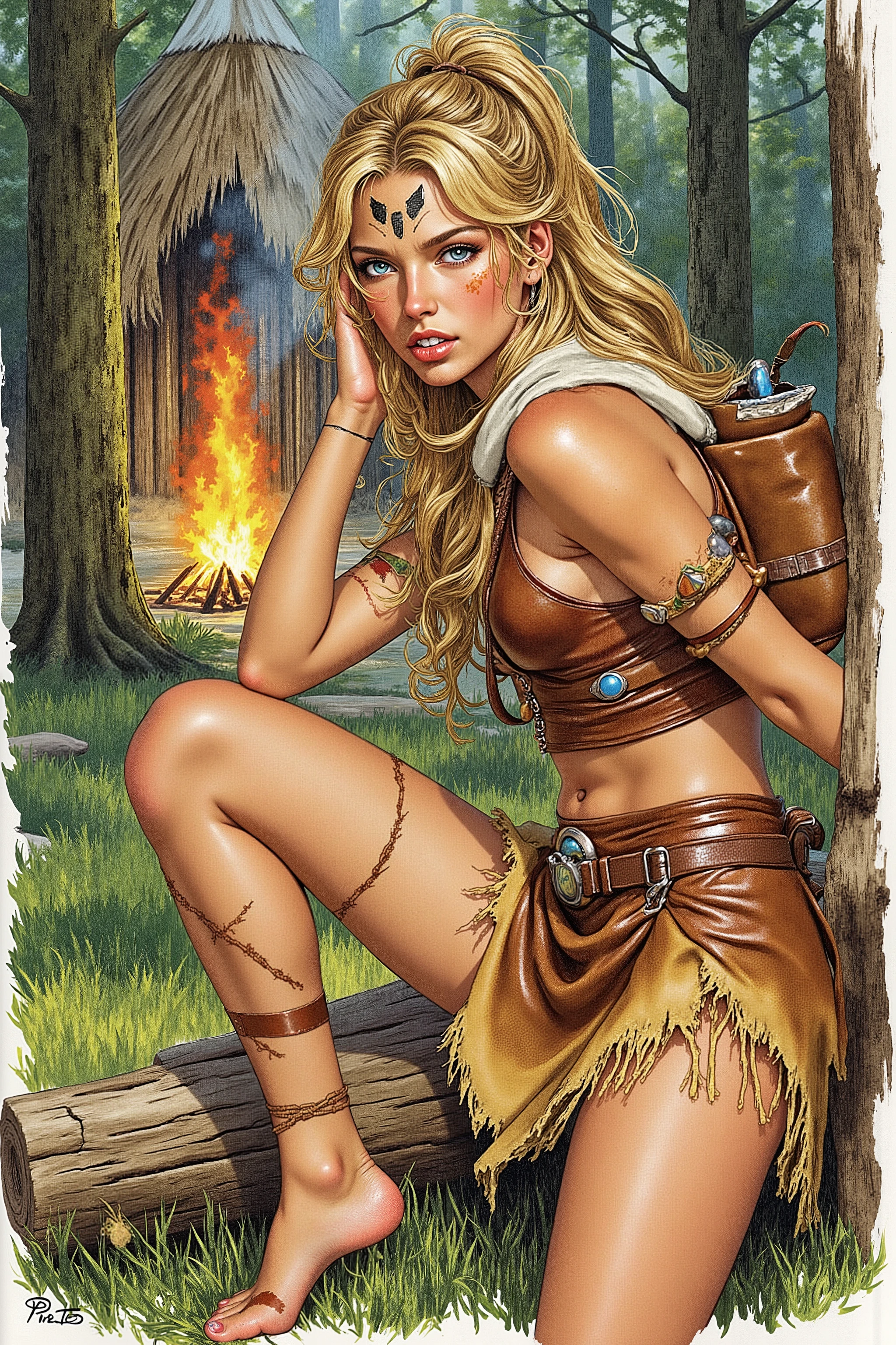 Teen,Teen Girl,itacomic1 illustration,Daria,C4STL3V4NI4,Girl,
💋 : Kaelia – Die Wilde Blume
🌟 : Comicstyle, 4K, Don Lawrence Style, inspiriert von Comics der 80er und Amazonengeschichten, hochdetailliert, klare Linien, lebendige Farben, verschiedene Perspektiven: Vorderansicht,
Lichtverhältnisse: Dämmerung
🌌 : Dichter Wald mit flackerndem Lagerfeuer, frische Luft mit Duft von Erde und Kräutern,
Hintergründ: Amazonenhütte,
Tageszeiten: morgens,
😈 : Junge Frau mit sommersprossigem, gebräuntem Gesicht, hellblaue, wache Augen, wilde honigfarbene Mähne zu einem hohen Pferdeschwanz gebunden, einige Strähnen wehen im Wind, schlanke, sehnige Statur mit agiler Grazie, konsistente Gesichtszüge und Körperproportionen
🔥 : Kleidung: Hautenges Trägeroberteil aus gegerbtem Leder, ausgefranster knielanger Lederrock bis mid-thigh, barfuß mit narbenbedeckten Füßen, leichte primitive Wildlederweste mit Flusssteinen und Holzperlen, Schmuck aus Federn, Fischknochen, geflochtenen Gräsern und Eberzähnen, bemalt mit wilden Streifen aus farbiger Erde auf Armen und Gesicht
Posen: Lehnt an einem Baum, wippt auf den Fußballen, spielt mit einem Grashalm
Gesichtsausdrücke: Schabernack und schelmisches Grinsen (Augenbrauen hochgezogen, Mundwinkel hoch)
Details: Fokus auf Texturen (Leder, Narben, Schmuck), konsistente Hauttöne, Sommersprossen, Augenfarbe, Haarsträhnen