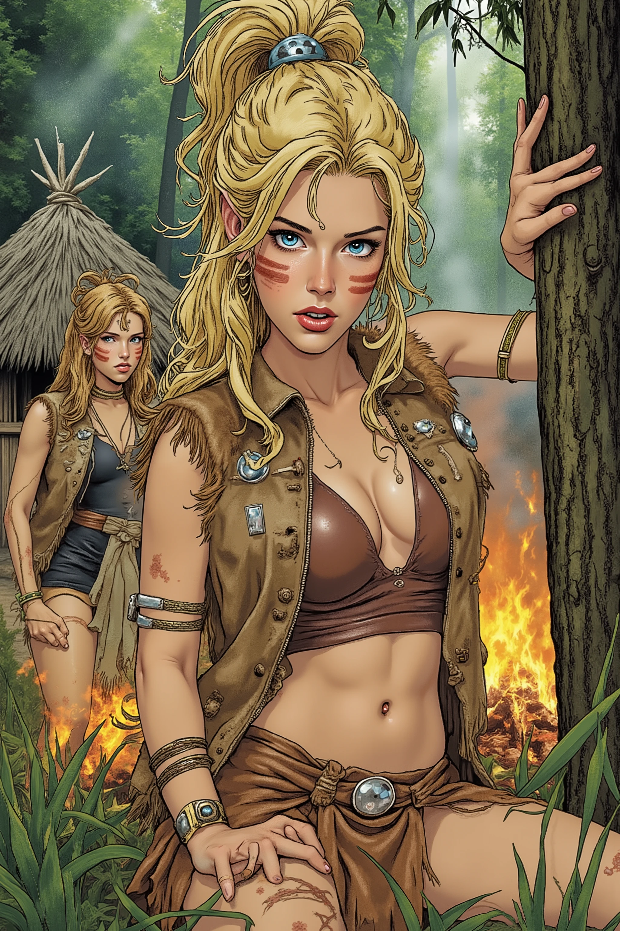 Teen,Teen Girl,itacomic1 illustration,Daria,C4STL3V4NI4,Girl,
💋 : Kaelia – Die Wilde Blume
🌟 : Comicstyle, 4K, Don Lawrence Style, inspiriert von Comics der 80er und Amazonengeschichten, hochdetailliert, klare Linien, lebendige Farben, verschiedene Perspektiven: Vorderansicht,
Lichtverhältnisse: Dämmerung
🌌 : Dichter Wald mit flackerndem Lagerfeuer, frische Luft mit Duft von Erde und Kräutern,
Hintergründ: Amazonenhütte,
Tageszeiten: morgens,
😈 : Junge Frau mit sommersprossigem, gebräuntem Gesicht, hellblaue, wache Augen, wilde honigfarbene Mähne zu einem hohen Pferdeschwanz gebunden, einige Strähnen wehen im Wind, schlanke, sehnige Statur mit agiler Grazie, konsistente Gesichtszüge und Körperproportionen
🔥 : Kleidung: Hautenges Trägeroberteil aus gegerbtem Leder, ausgefranster knielanger Lederrock bis mid-thigh, barfuß mit narbenbedeckten Füßen, leichte primitive Wildlederweste mit Flusssteinen und Holzperlen, Schmuck aus Federn, Fischknochen, geflochtenen Gräsern und Eberzähnen, bemalt mit wilden Streifen aus farbiger Erde auf Armen und Gesicht
Posen: Lehnt an einem Baum, wippt auf den Fußballen, spielt mit einem Grashalm
Gesichtsausdrücke: Schabernack und schelmisches Grinsen (Augenbrauen hochgezogen, Mundwinkel hoch)
Details: Fokus auf Texturen (Leder, Narben, Schmuck), konsistente Hauttöne, Sommersprossen, Augenfarbe, Haarsträhnen