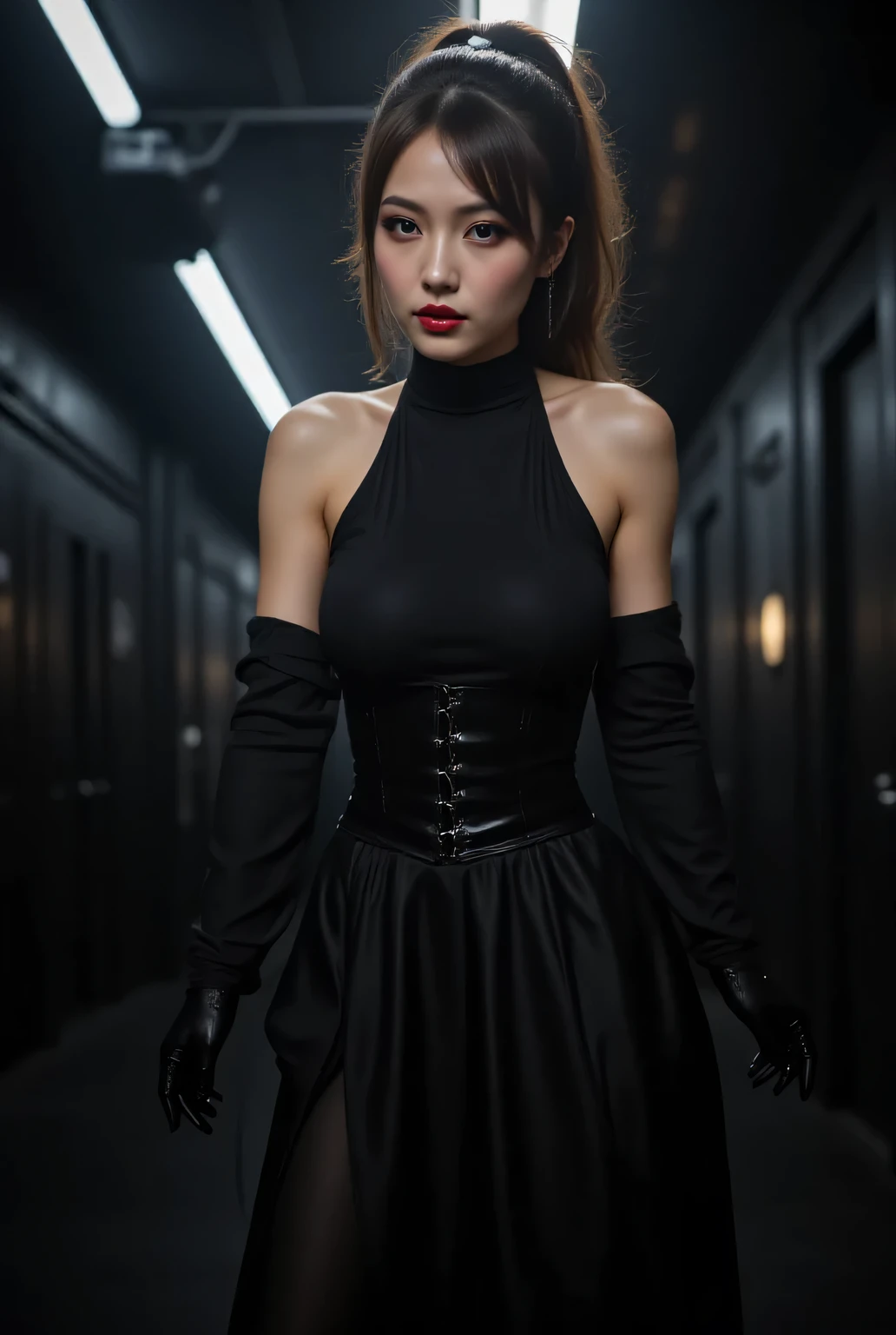 From below, low angle viewer perspective.
The entire area is pitch black. Neon tubes.
She's wearing a black, high-necked sleeveless shirt.
A long black skirt, corset. Tight-fitting black gloves.
Super beautiful Japanese woman, looks like a intimidating dominatrix, closed mouth. Long upturned eyeliners, red lips.
Wavy long ponytail.
Best quality, very detailed, masterpiece.