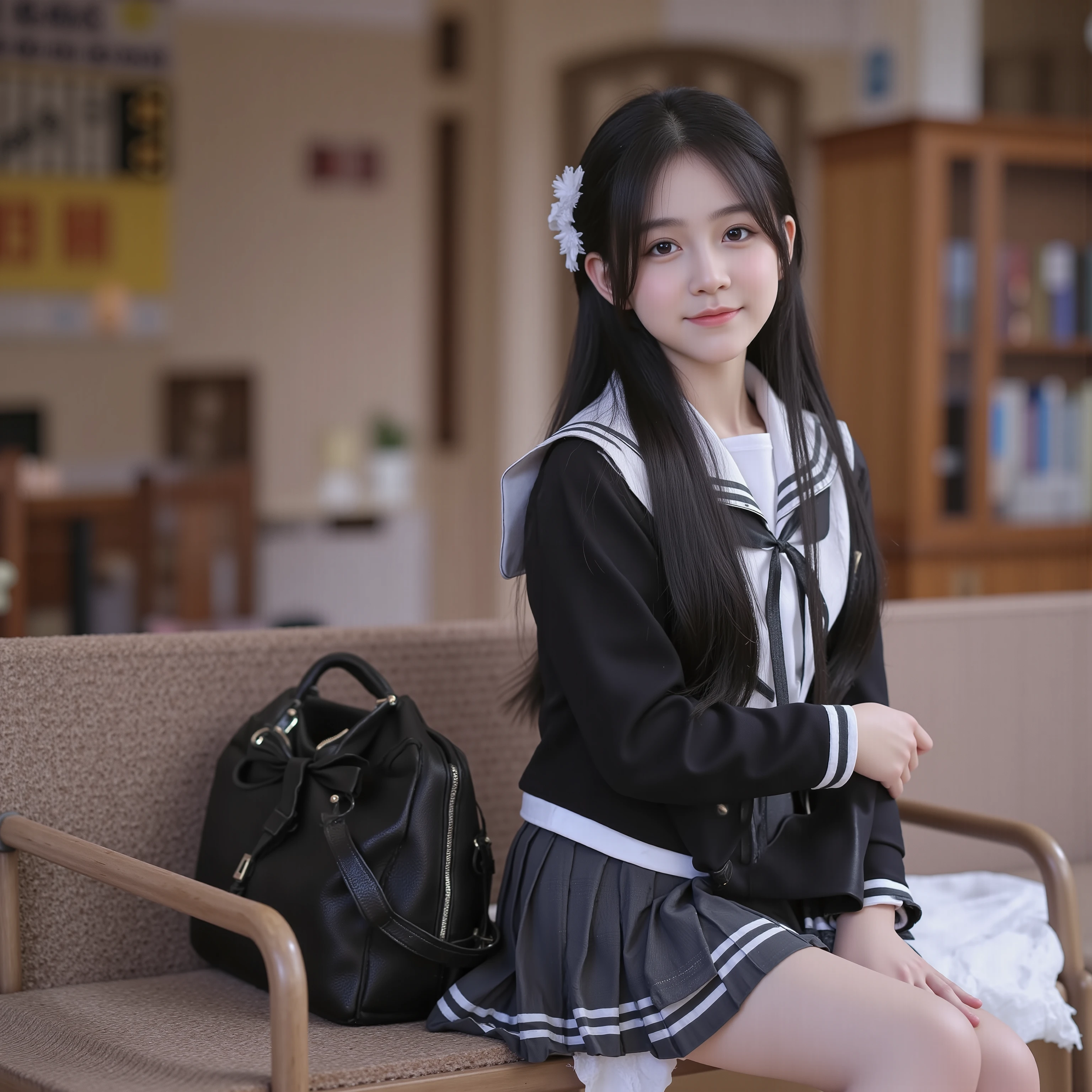 (8k, Highest Quality, masterpiece,full body:1.2), ultra high resolution, complicated details, 1 girl, ((10 years old)),beautiful faces, black long hair, black and white school uniform ,pleated skirt,