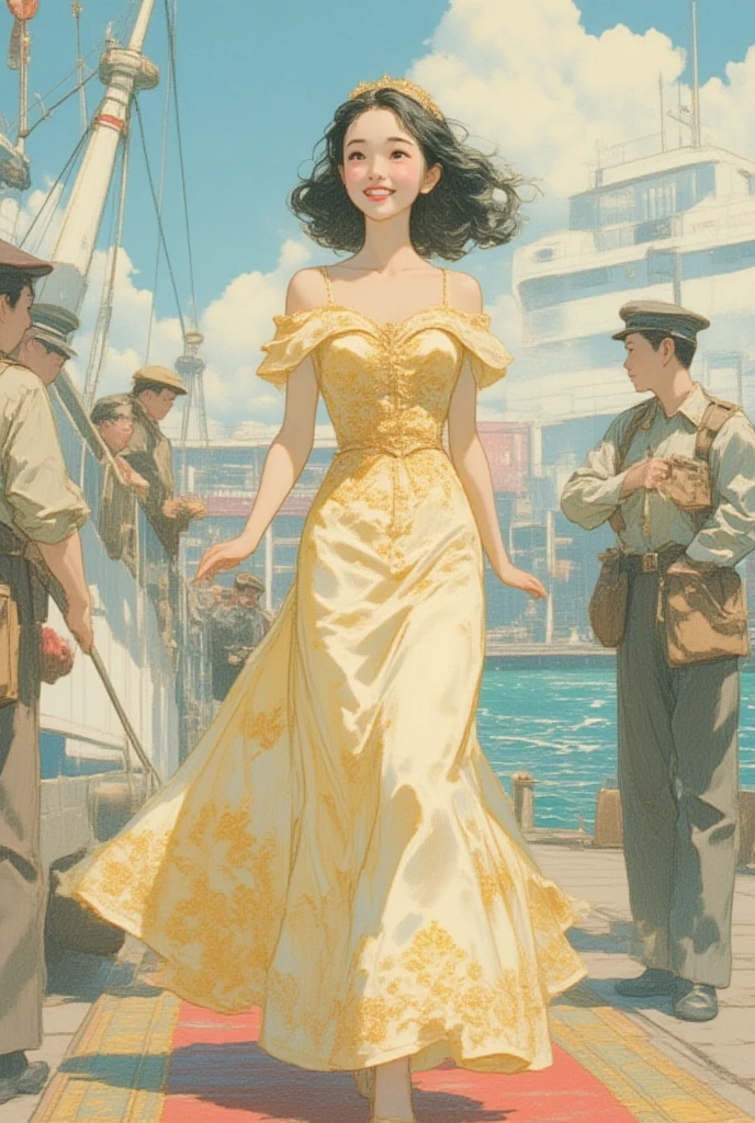 A beautiful woman leaves on a boat, on the deck of the boat 6 swords are stuck (art inspired by Bill Sienkiewicz)
