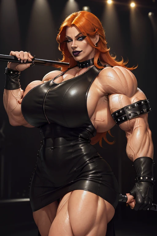 (((((Massive, tall, beautiful, buff, wet, pale white skinned muscular asian woman with red hair, black lipstick, ginormous bulky muscles, wearing a black leather corset with tight pants and hooded cape))))), (red background), close view, ((massive muscles)), massive biceps, hyper muscle shoulders, hyper muscle triceps, (long hair), glowing yellow eyes, choker, (chain belt), black spiked boots, (spiked gauntlets), (fingerless gloves), (in a raining dark island), confident smirk, night, red moon, (red skies), hyper vascular arm, hyper muscles arms, hyper muscle legs, (ginormous arms).
