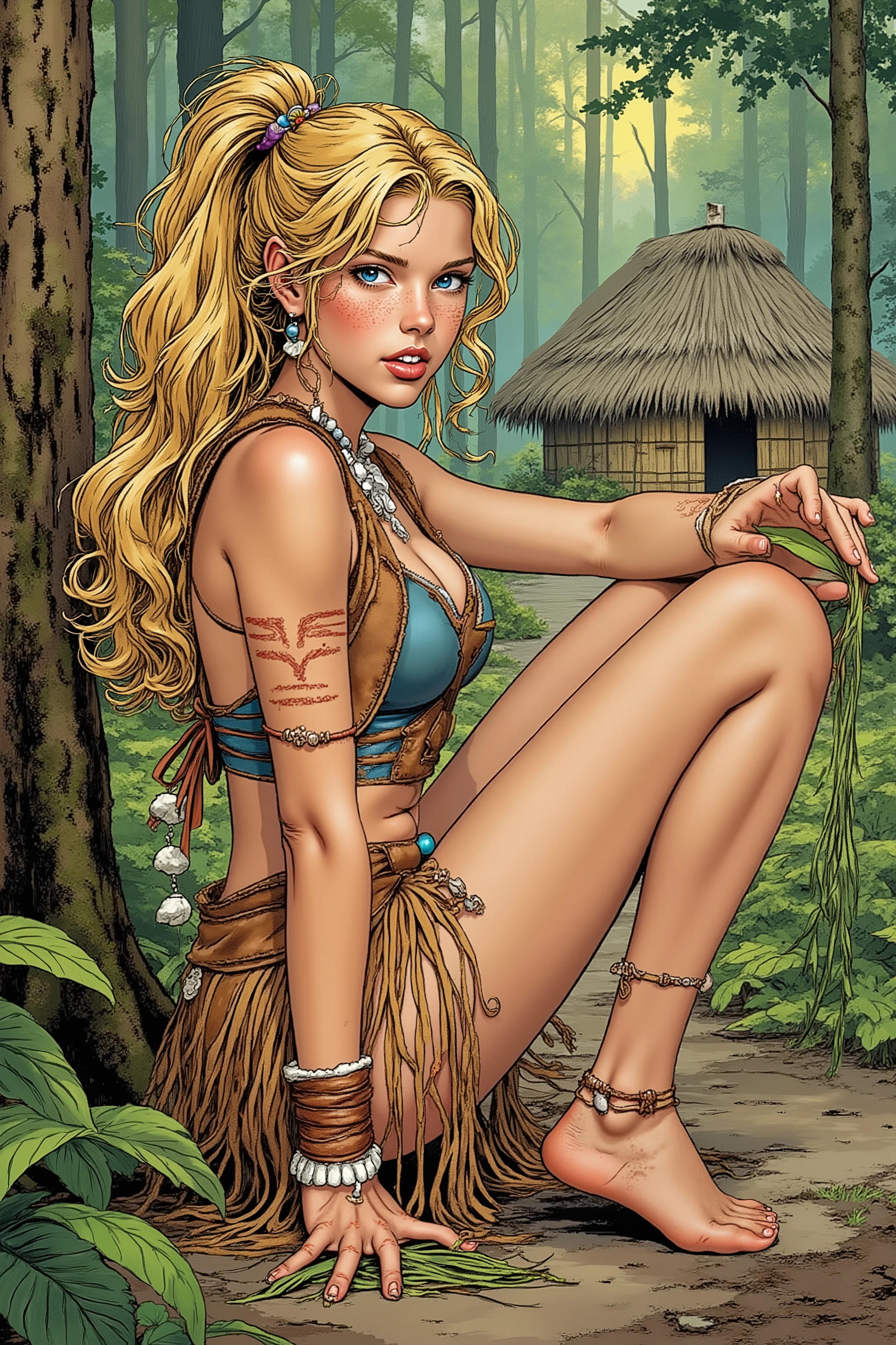 Teen,Teen Girl,itacomic1 illustration,Daria,C4STL3V4NI4,Girl,
💋 : Kaelia – Die Wilde Blume
🌟 : Comicstyle, 4K, Don Lawrence Style, inspiriert von Comics der 80er und Amazonengeschichten, hochdetailliert, klare Linien, lebendige Farben, verschiedene Perspektiven: Vorderansicht,
Lichtverhältnisse: Dämmerung
🌌 : Dichter Wald mit flackerndem Lagerfeuer, frische Luft mit Duft von Erde und Kräutern,
Hintergründ: Amazonenhütte,
Tageszeiten: morgens,
😈 : Junge Frau mit sommersprossigem, gebräuntem Gesicht, hellblaue, wache Augen, wilde honigfarbene Mähne zu einem hohen Pferdeschwanz gebunden, einige Strähnen wehen im Wind, schlanke, sehnige Statur mit agiler Grazie, konsistente Gesichtszüge und Körperproportionen
🔥 : Kleidung: Hautenges Trägeroberteil aus gegerbtem Leder, ausgefranster knielanger Lederrock bis mid-thigh, barfuß mit narbenbedeckten Füßen, leichte primitive Wildlederweste mit Flusssteinen und Holzperlen, Schmuck aus Federn, Fischknochen, geflochtenen Gräsern und Eberzähnen, bemalt mit wilden Streifen aus farbiger Erde auf Armen und Gesicht
Posen: Lehnt an einem Baum, wippt auf den Fußballen, spielt mit einem Grashalm
Gesichtsausdrücke: Neugier und Staunen (große Augen, leicht geöffneter Mund, Kopf leicht geneigt)
Details: Fokus auf Texturen (Leder, Narben, Schmuck), konsistente Hauttöne, Sommersprossen, Augenfarbe, Haarsträhnen