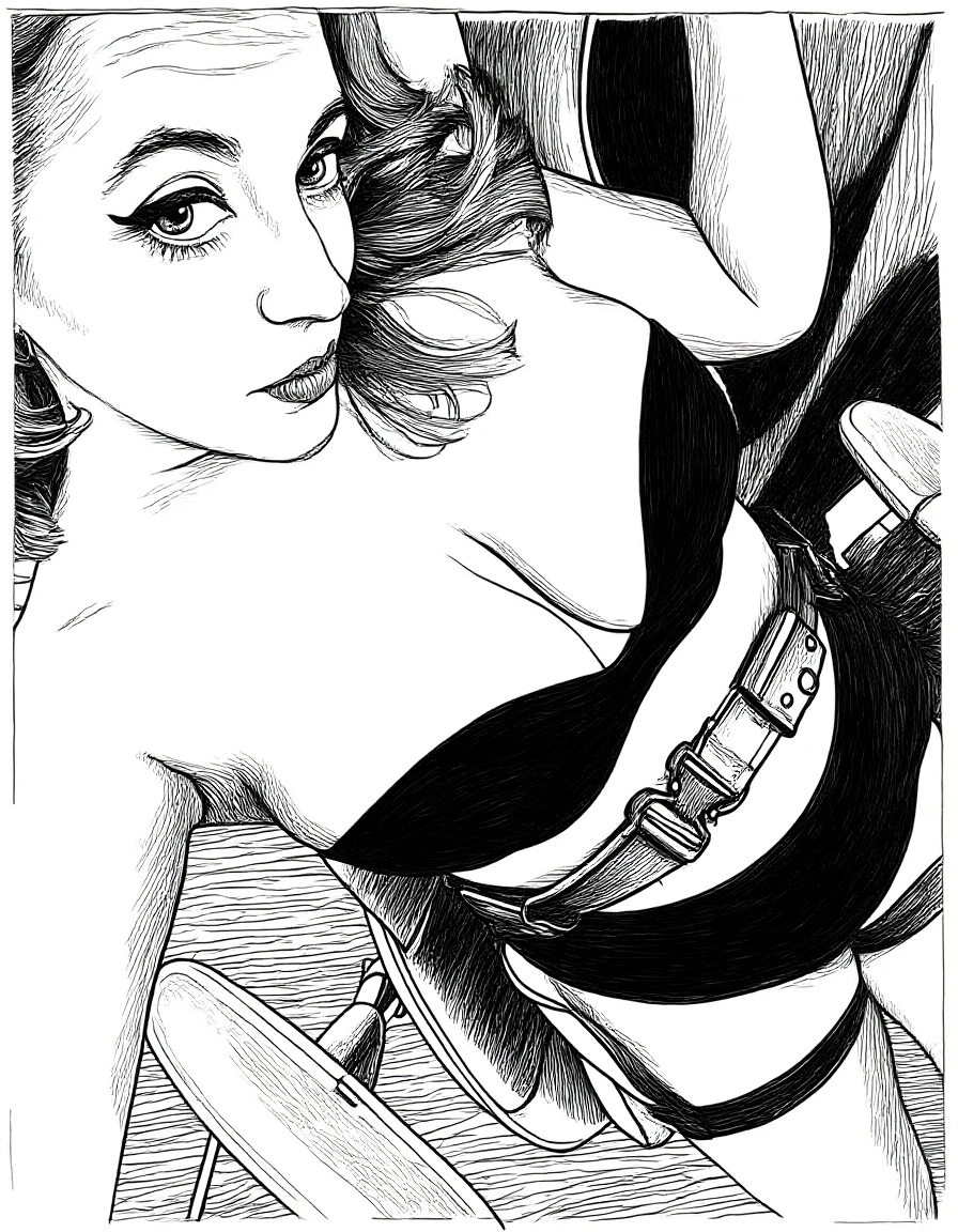 Anime, Best quality, Funny , 8 thousand., stockings with suspenders, woman, , drawing of a woman in black and white lingerie, Thick black line, high resolution commission, back and white, Толстый line drawing, with backlight, cute  butts, thick outline, 2 years, 2 years, Hands behind your back, body pose! , realistic perfect body with shading, black and white manga style, average, Sketch on paper 