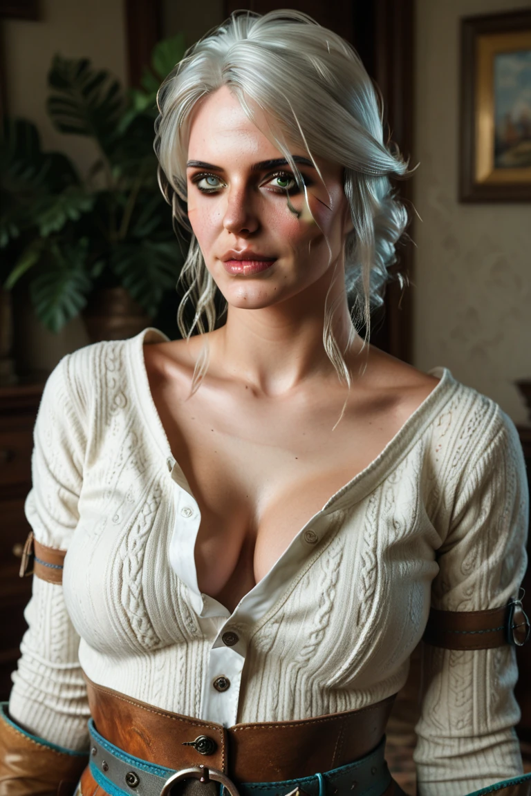 score_9, score_8_up, score_7_up freckles Keira Metz mole on breast studying a mystical artifact, her eyes reflecting the eerie glow of its enchantments in a candle-lit room. "looking at viewer magic