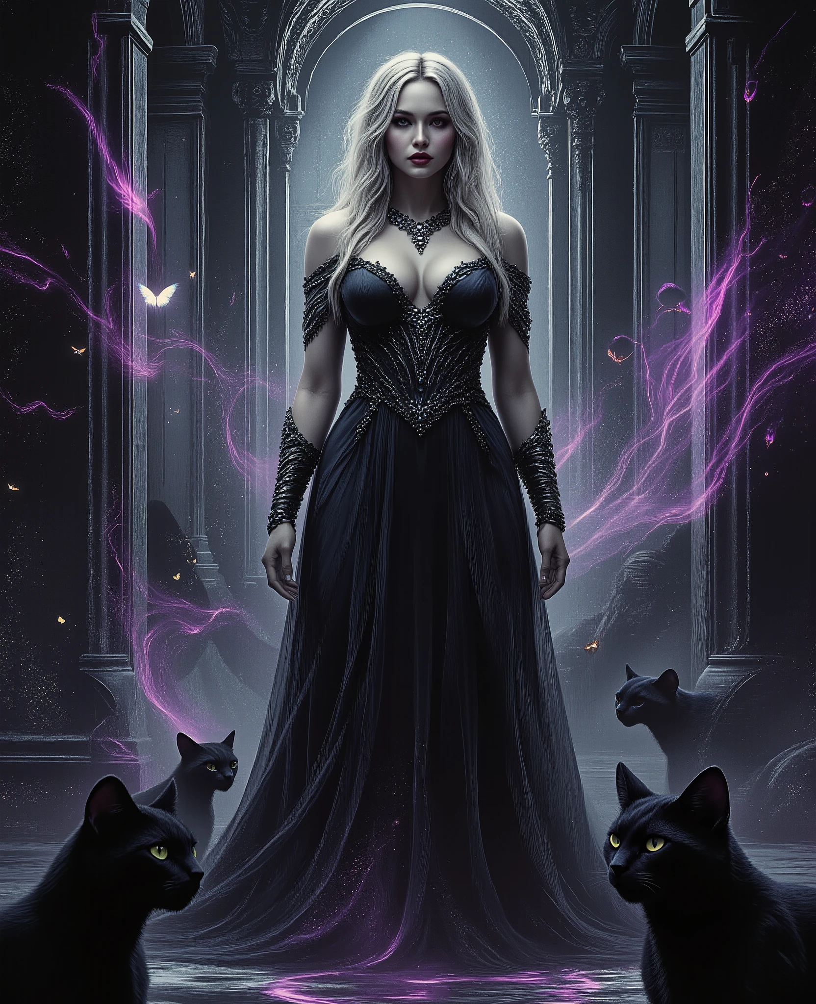 Masterpiece, extremely balanced fluid expressionist style, a reverent surreal hyperreal painting of a stunning goddess of darkness and shadow, statuesque and sensationally beautiful as only living gods can be, erotic sexiness cut from living night, a face of loveliness and terror, large amazing breasts, and a body of superlative grace, embodying the seductive dangers of the night, and the predatory grace of cats who stalk nocturnal paths, ethereal pale skin with a luminous glow against pitch-black surroundings, adorned with intricate jewelry made of obsidian and starlight, flowing black diaphanous gown that merges with the shadows around her, surrounded by elements of haunting beauty like dozens of moths, shadow servants with human faces, and swirling tendrils of purple light, her eyes hypnotic and filled with the radiance of ancient wisdom, standing in a glowing silver temple where shadowcats dance at her feet, all eyes are at the viewer as if they aee looking upon something forbidden, tension and eminent danger, atmosphere of mystical seduction and power, dramatic chiaroscuro lighting creating stark contrasts, photographed with cinematic depth, 8k detaile