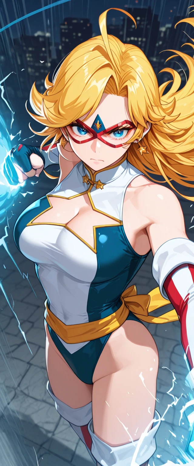 Powergirl the superhero has been hypnotized and is staring into the camera. Her huge breasts are straining against the fabric of her outfit and spilling out of the hole over her bust, floating in air