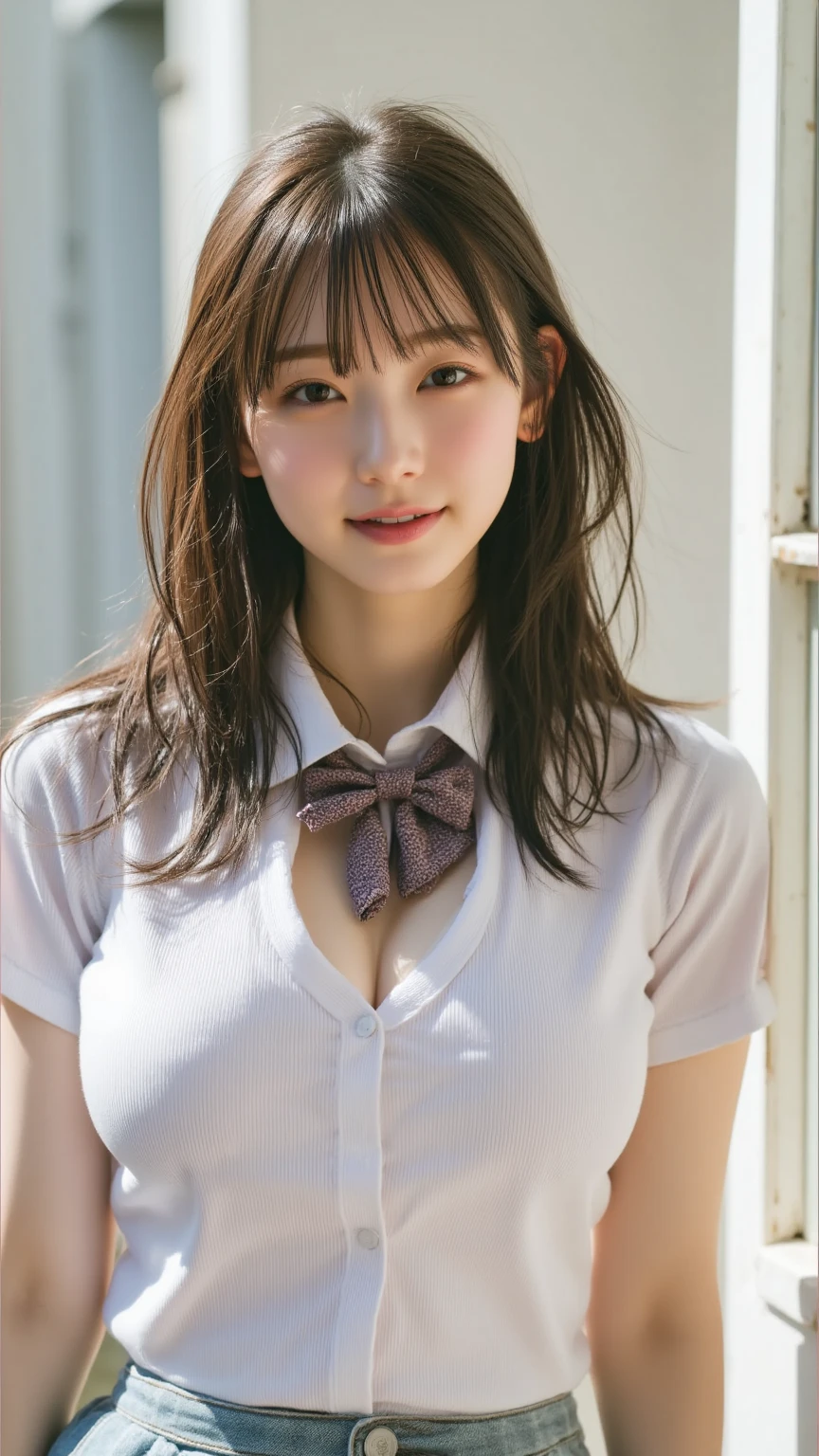 1girl, 19yo, woman, masterpiece, best quality, highest quality, cinematic lighting, (volumetric lighting), extremely detailed CG unity 8k wallpaper, focused, 8k wallpaper, extremely detailed, ultra realistic, photorealistic, sharp focus, absurdres, (HDR:1.2), (high contrast), photograph, detailed and intricate, instagram, portrait, highly detailed, digital painting, artstation, concept art, smooth, sharp focus, illustration, cinematic lighting, (whole body:1.2), (big :1.3),  thighs, (show legs), (beautiful white thigh), Skirts should be shortened, look at the viewer, white collar shirt, , full body photo, ( with hands on knees),