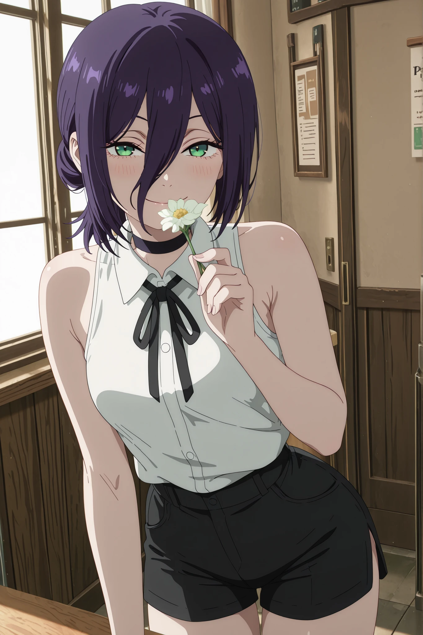 masterpiece, best quality, absolutely absurdres, very aaesthetic, newest, very awa, masterpiece, best quality, absolutely absurdres, very aaesthetic, newest, anime screencap, solo, 1girl, reze, chainsaw man, navy hair, green eyes,black choker, purple hair, choker, eyebrows hidden by hair, green eyes, hair between eyes, long bangs, medium hair,,bare shoulders, black ribbon, black shorts, collar, collared shirt, neck ribbon, ribbon, shirt, shorts, sleeveless, sleeveless shirt, white shirt, BREAK, cowboy shot, Masterpiece,(perfect female body:1.2), small waist, (incredibly detailed:1.4), slim, beautiful fingers, beautiful skin, smile, exterior, looking at viewer, proportional body, proportional, beautiful hair, beautiful face, beautiful detailed eyes, beautiful clavicle, beautiful body, beautiful chest, beautiful thigh, beautiful legs, beautiful fingers, detailed eyelash, , upper body, blush, backlight, seductive smile, (naughty face:1), face focus, closed mouth, holding flower, white Bellis perennis, flower cover mouth, cafe, behind window