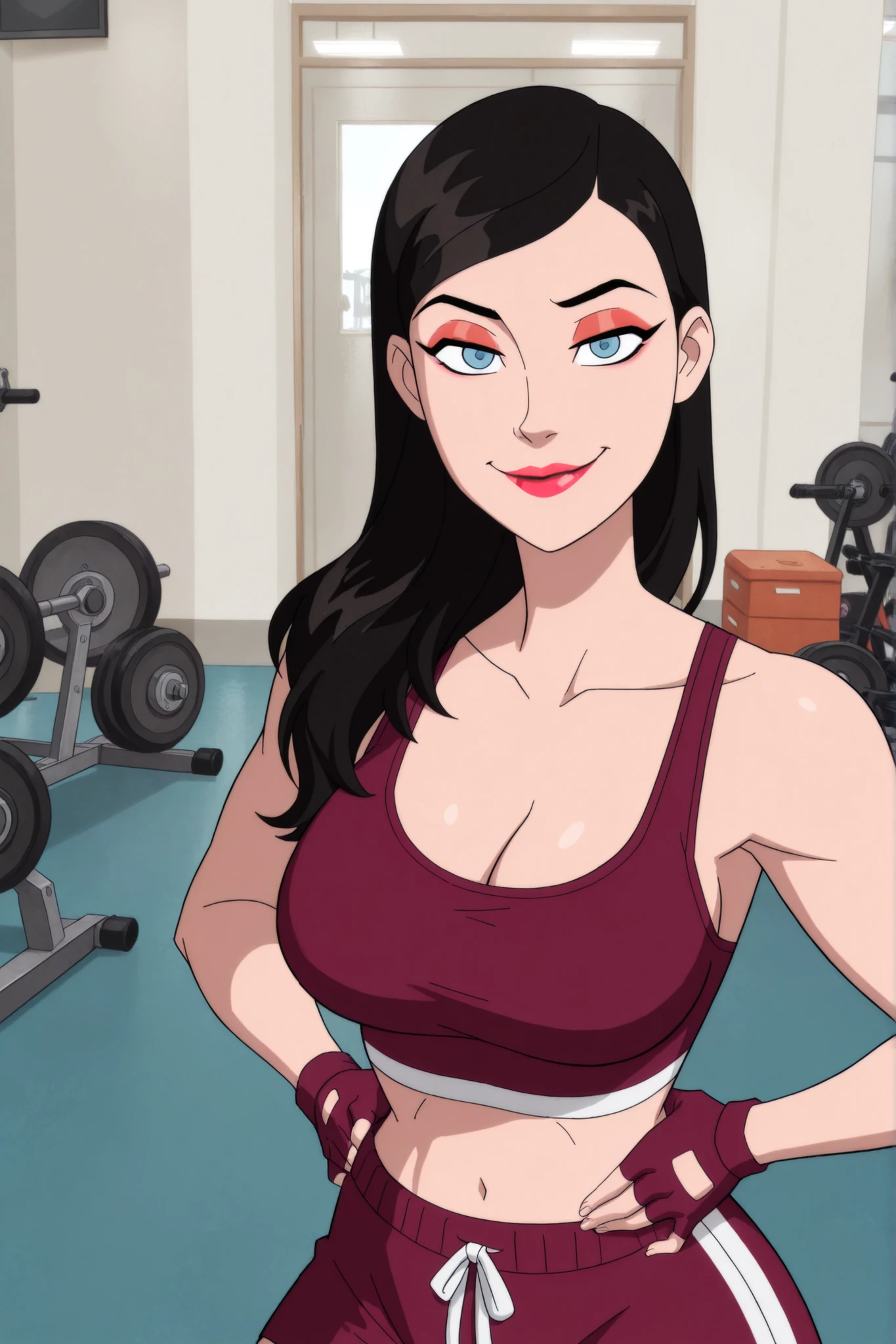 BREAK, score_6_up, score_7_up, score_8_up, score_9, 1girl, solo, loislane, black hair, long hair, makeup, lipstick, blue eyes, large breasts, cleavage, curvy, athletic, looking at viewer, seducing viewer, teasing viewer, smiling, closed mouth, seductive expression, bedroom eyes, busty, maroon sports bra, maroon gym shorts, maroon fingerless gloves, indoors, gym, standing, portrait, closeup, upper body, high-angle view, red eyeshadow, hands on waist 