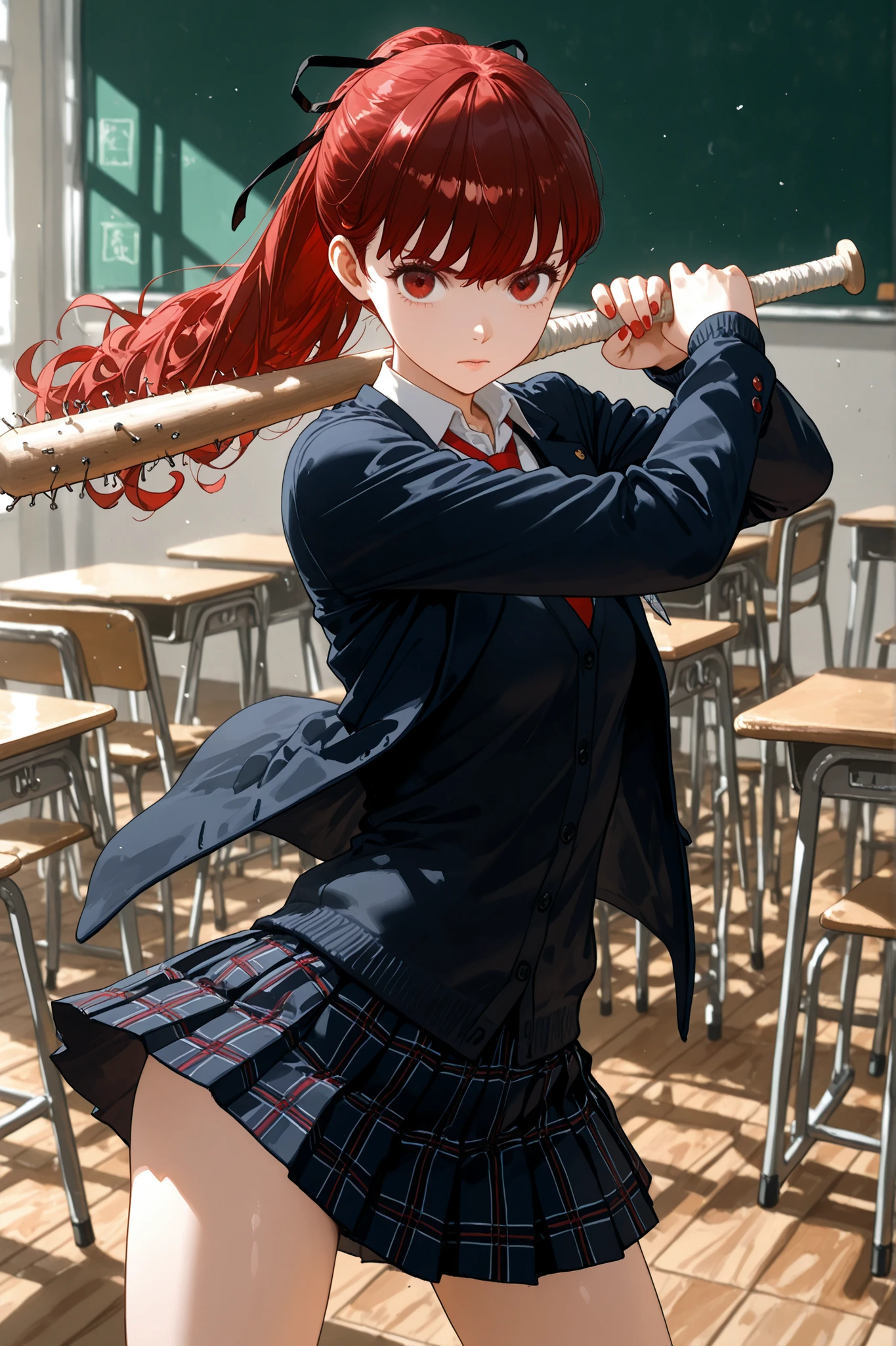 Kasumi Yoshizawa,uniform,school Cardigan,serious,Red Hair and Eyes    ,Long Shot, nail bat, dynamic batting pose ,SMALL HIPS,Full swing blur:1.2,classroom