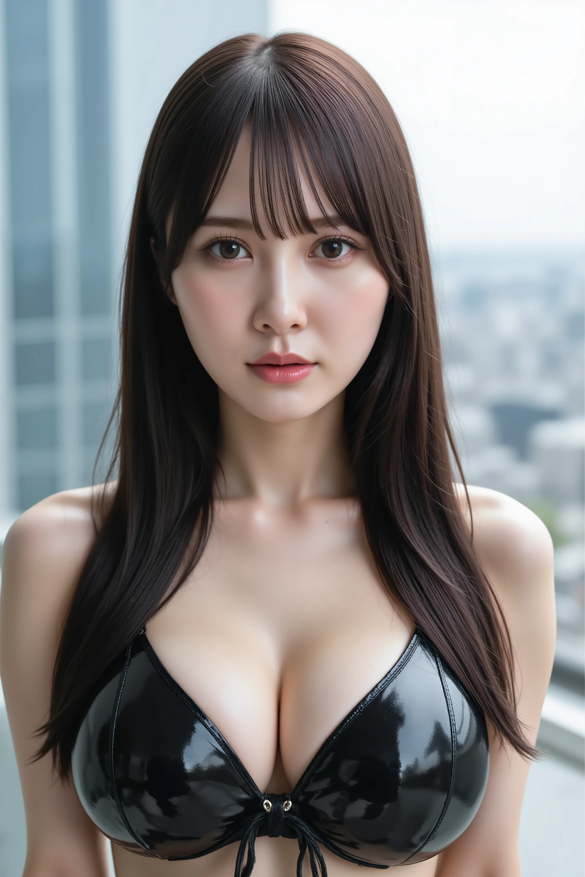 This photo captures a beautiful Japanese woman. She is wearing a black patent leather bikini, the bikini is shiny and glossy. close-up, 
upper body. High resolution, the texture of her skin is clear. The focus is very sharp and focused on her face. This is a super high resolution image. Her expression is sexy, facing forward. She has shiny black hair. Her skin is beautiful, fair, fine-grained, and even. Her breasts are medium-sized and firm. Office, city view, skyscraper,