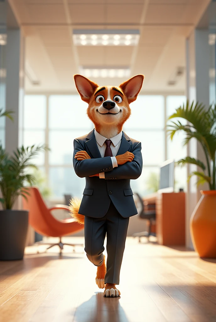 Pixar-style anthropomorphic dog in a smart suit with a confident smile, entering a bright, modern office, triumphant atmosphere, Disney Pixar 3D style, vivid colors and cartoonish details.