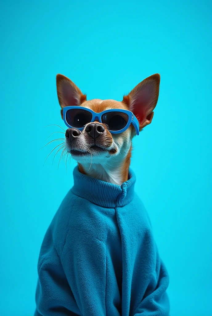 Best mobile phone wallpaper, Wallpaper Winners, portrait photography, in the foreground is a portrait of a cute dog in mid-1960s space-age fashion, side view,  photo shot with Canon EOS R5, strong contrast to highlight the object, fluorescent blue tone, dressed in a very modern coat and sunglasses in style 1960s, clothes of the same color, beautiful background