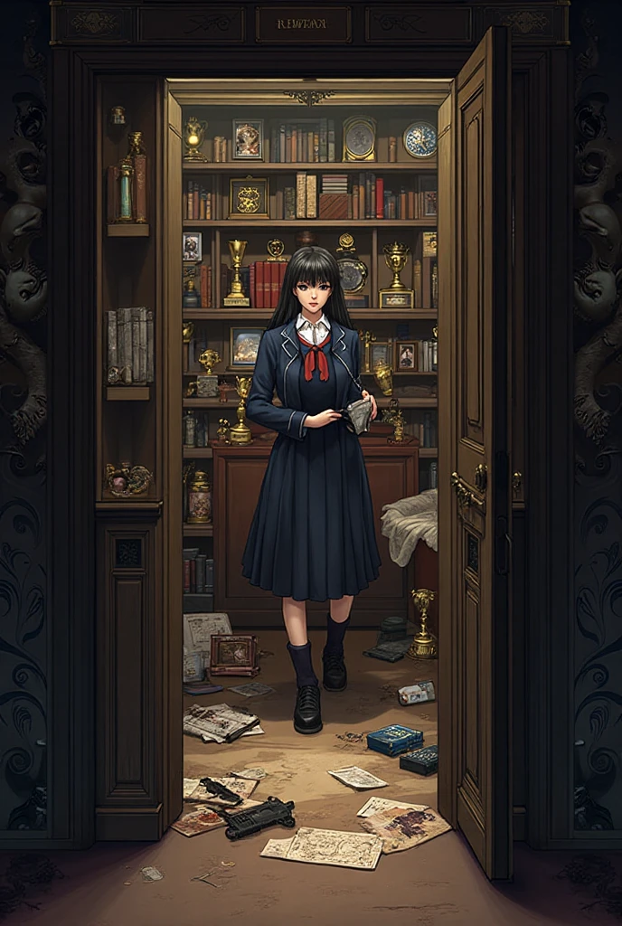 1 woman, delicate face, black hair, blue pupils, black dress, standing in a room, holding a cell phone, surreal