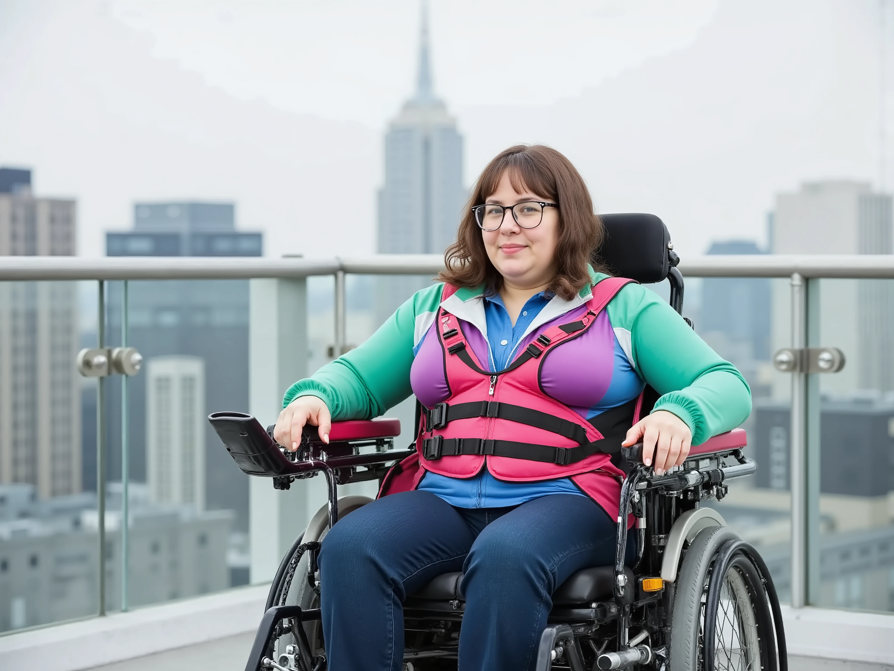 38 year old obese Asian Woman, wearing a pink and green latex jacket, wearing a blue latex shirt, wearing a red leather wheelchair harness, wearing a pink and black padded hip belt, sitting in a powered wheelchair on the rooftop of a skyscraper, asian architecture