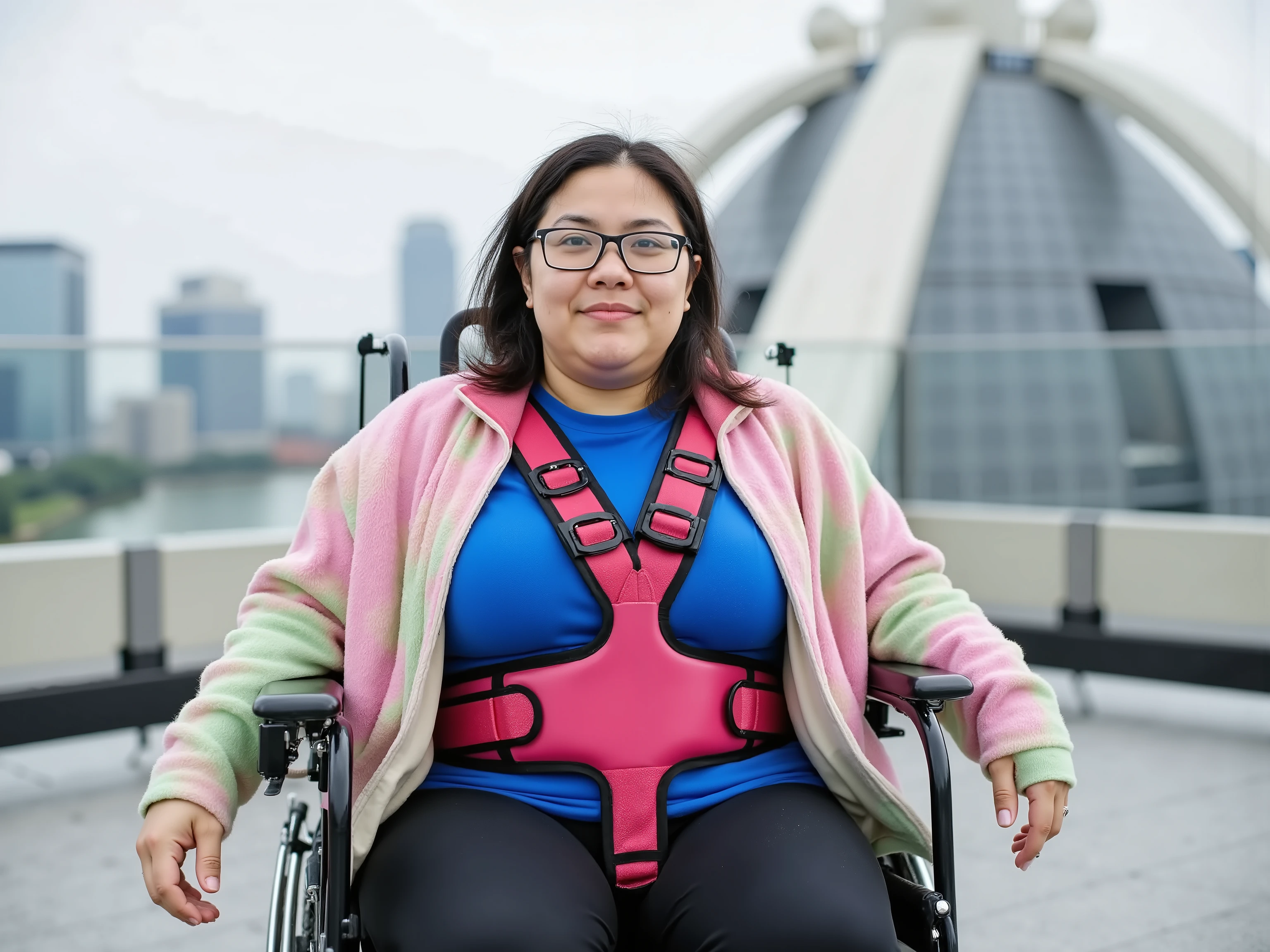38 year old obese Asian Woman, wearing a pink and green latex jacket, wearing a blue latex shirt, wearing a red leather wheelchair harness, wearing a pink and black padded hip belt, sitting in a powered wheelchair on the rooftop of a skyscraper, asian architecture