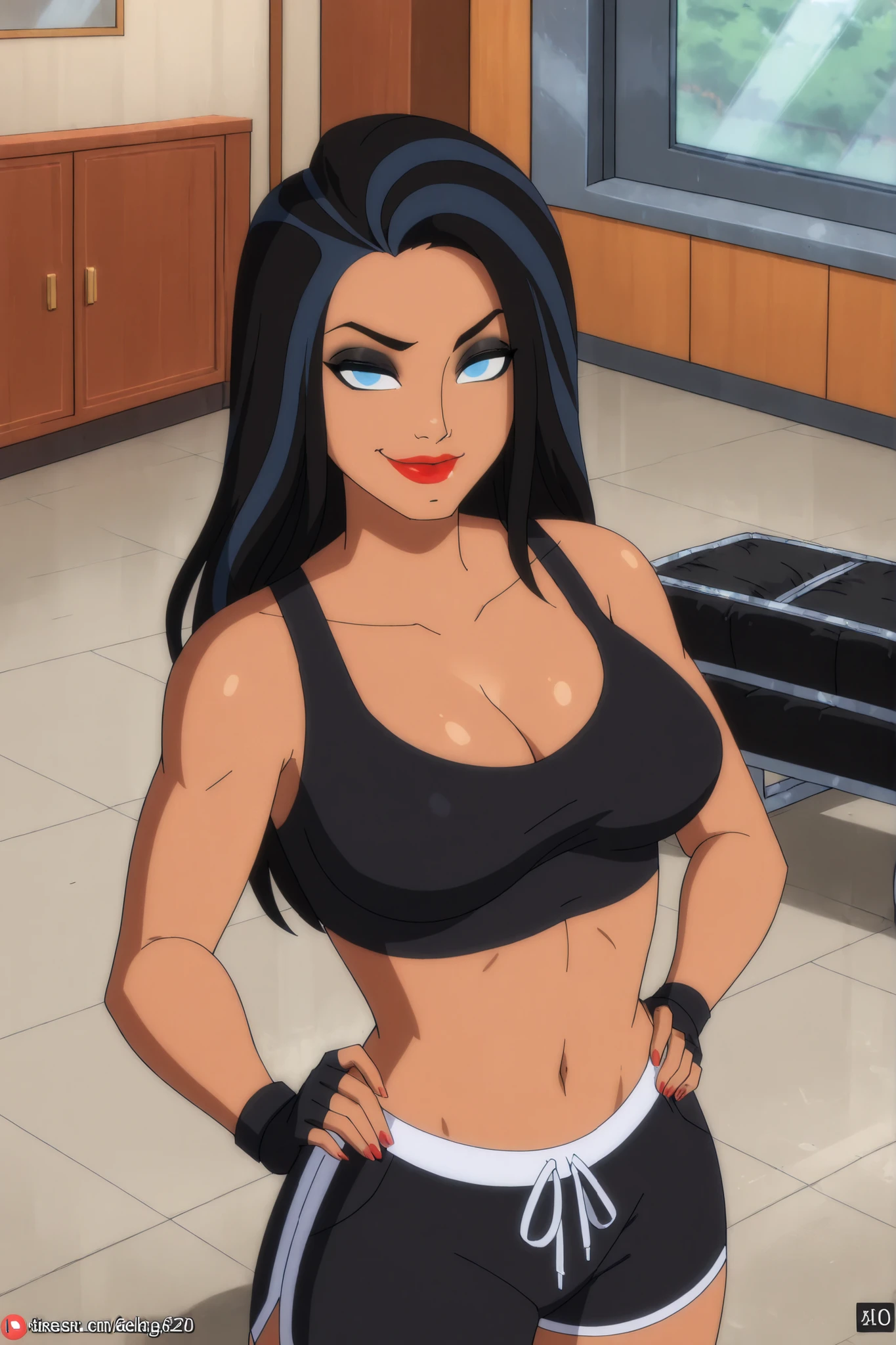 BREAK, score_6_up, score_7_up, score_8_up, score_9, 1girl, solo, long hair, blue eyes, black hair, two-tone hair, lipstick, makeup, dark-skinned female, t4l1a4lg00l, large breasts, busty, cleavage, curvy, athletic, looking at viewer, seducing viewer, teasing viewer, seductive expression, smiling, closed mouth, bedroom eyes,  black sports bra, black gym shorts, black fingerless gloves, indoors, gym, standing, closeup, portrait, upper body, high-angle view, black eyeshadow,  hands on waist 