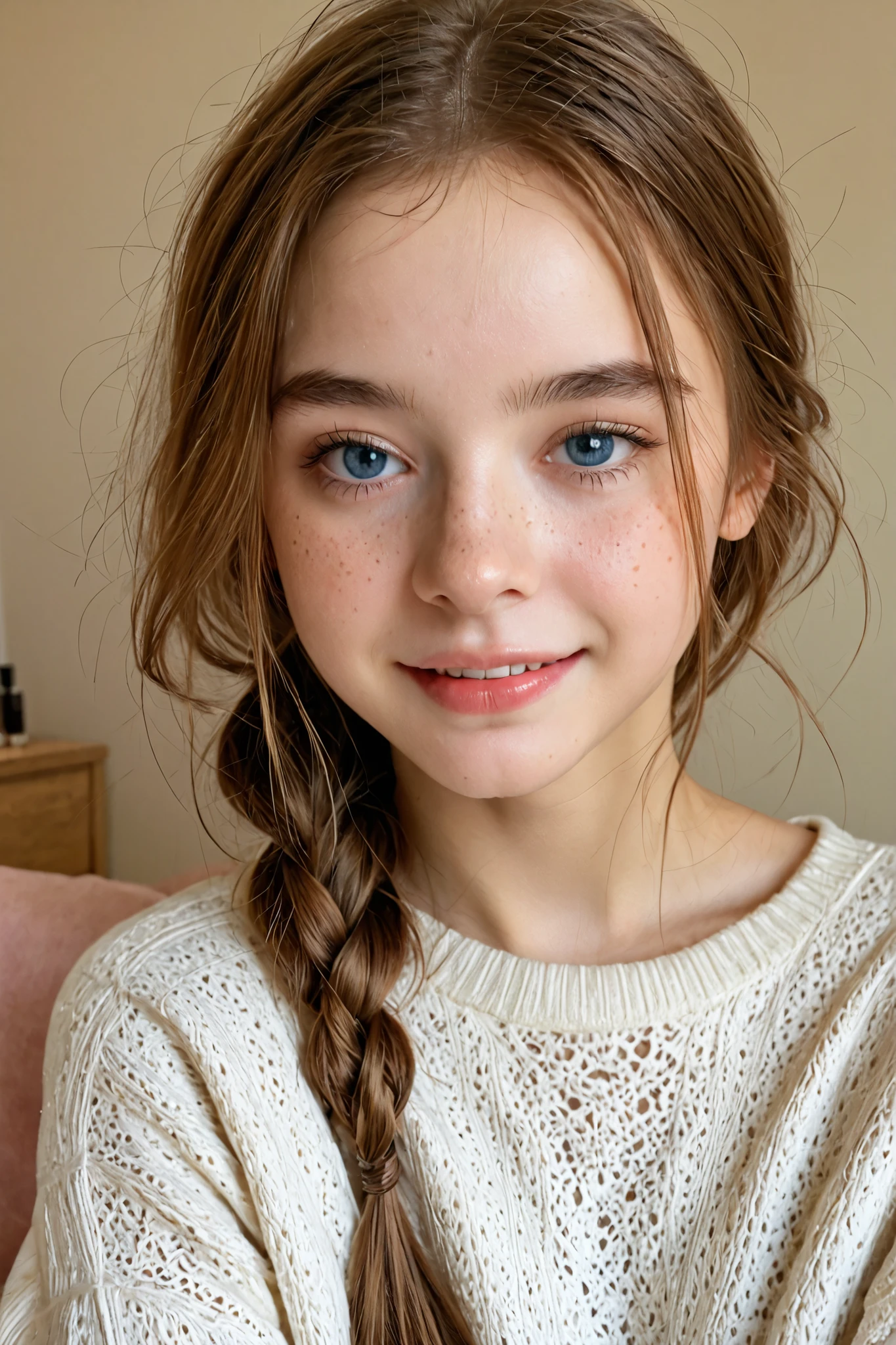 A young Caucasian girl, estimated to be between 12 years old, with light skin and visible freckles across her cheeks and nose. Her captivating blue eyes are directed towards the viewer with a playful sparkle, complemented by a gentle smile revealing a hint of her upper teeth. Her cheeks are flushed with a soft pink blush. Her medium-length light brown hair is styled with a long braid cascading over her shoulder. She wears a light, intricately knitted white sweater with a delicate lace-like texture. The background is soft, slightly out-of-focus, with hints of interior elements like a container of cosmetics. The lighting is natural and soft, highlighting the subject's face. The atmosphere is warm, inviting, and captures a sense of innocence and joy. The composition uses a medium shot with a shallow depth of field, accentuating the girl's features. This image suggests a portrait style, emphasizing the subject's natural beauty and the gentle aesthetic.