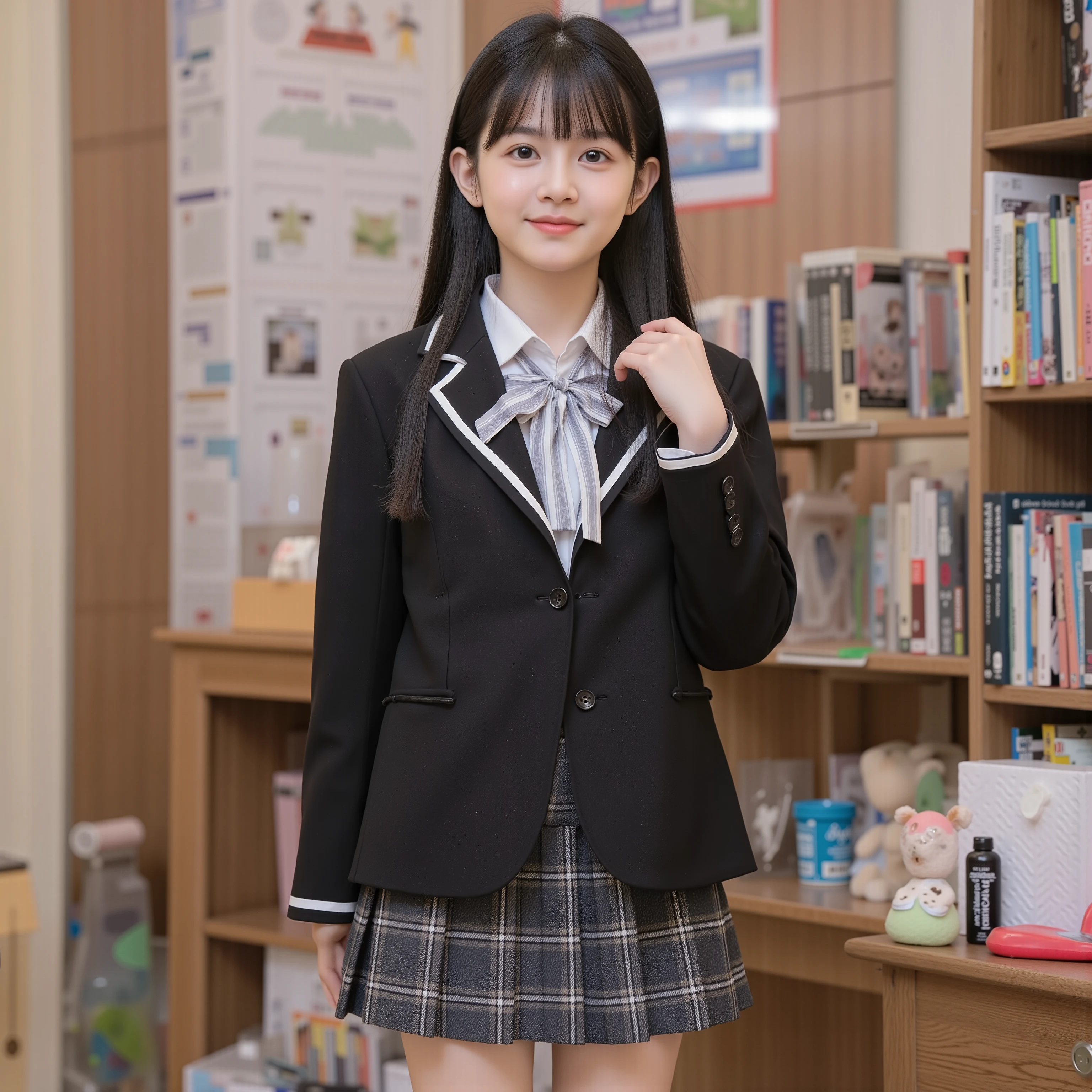 (8k, Highest Quality, masterpiece,full body:1.2), ultra high resolution, complicated details, 1 girl, ((10 years old)),beautiful faces, black long hair, black and white school uniform ,blazer after face,pleated skirt,