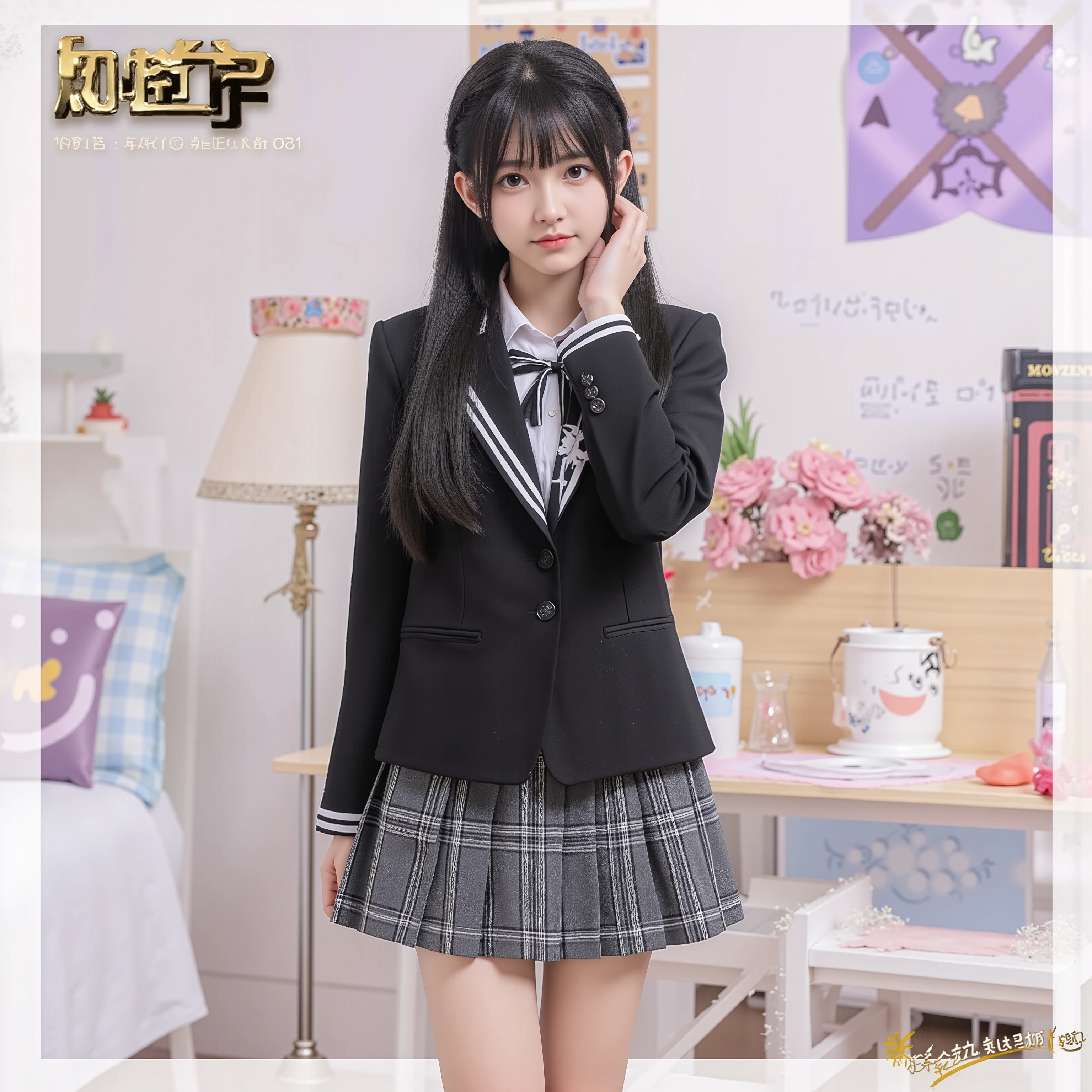(8k, Highest Quality, masterpiece,full body:1.2), ultra high resolution, complicated details, 1 girl, ((10 years old)),beautiful faces, black long hair, black and white school uniform ,blazer after face,pleated skirt,