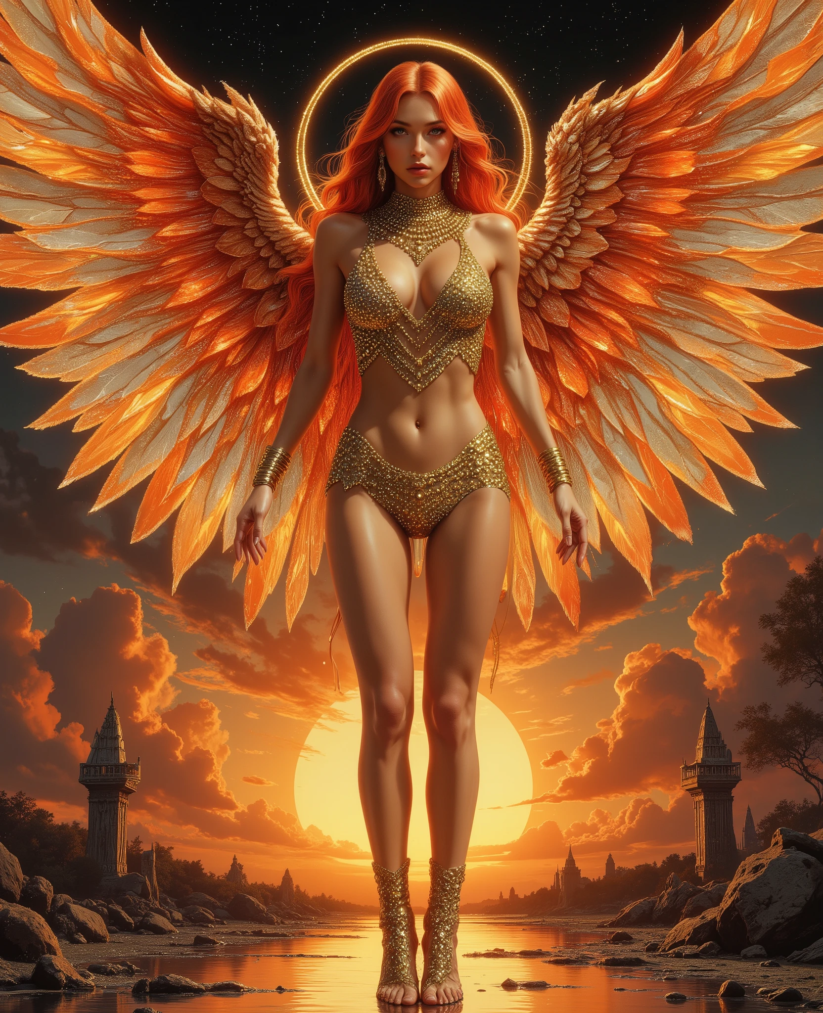 Surreal, otherworldly illustration against a dark elven sunset in the style of Karol Bak. A unique masterpiece. Gil Elvgren's angelic fantasy style, fantasy angelic image ((mid-ground)), red orange fire hair, large natural breasts, full body, graceful, piercing pose, gold jewelry emphasizes the ideal body anatomy, thin waist, incredible concept, luxury, intricate imagery, high detail, bright colors Kim Keever, complexity and volume, beautiful masterpieces, ideal body anatomy, embodiment of conceptual mysticism, white, red plastic MINIDEM