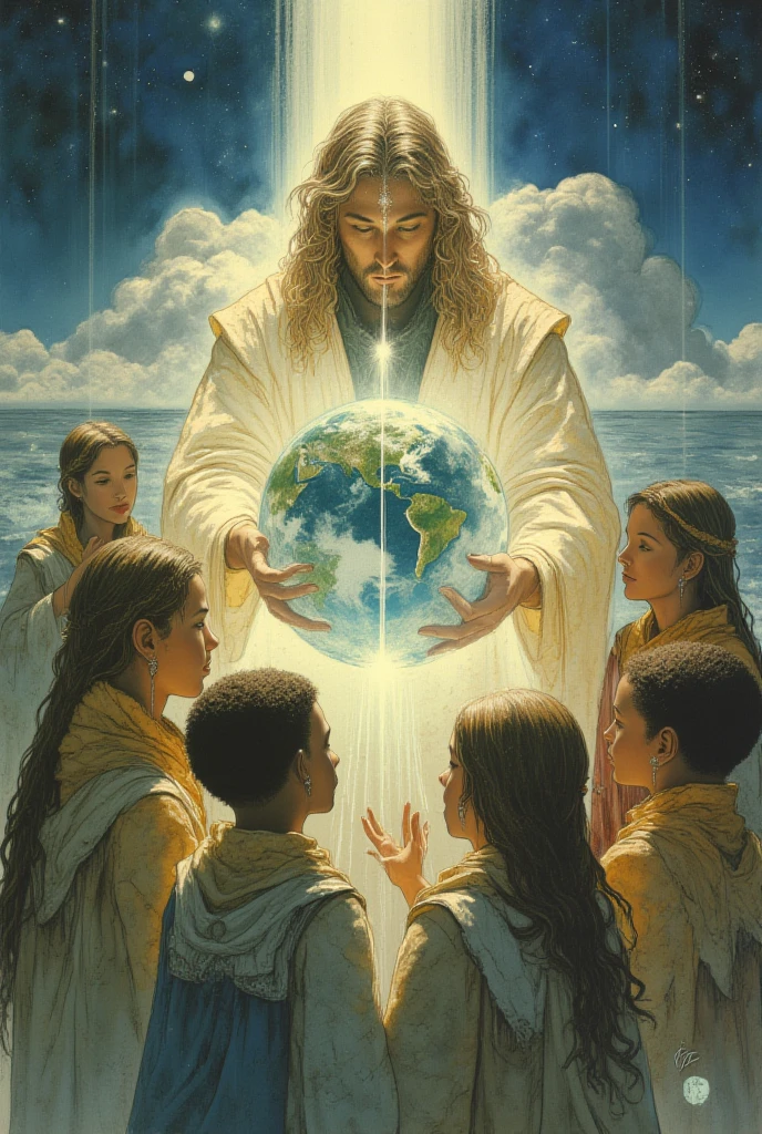 Jesus Christ looking at planet earth in space, Christian art, high quality, highly detailed, (heavenly bodies), painting, in the style of Greg Olsen