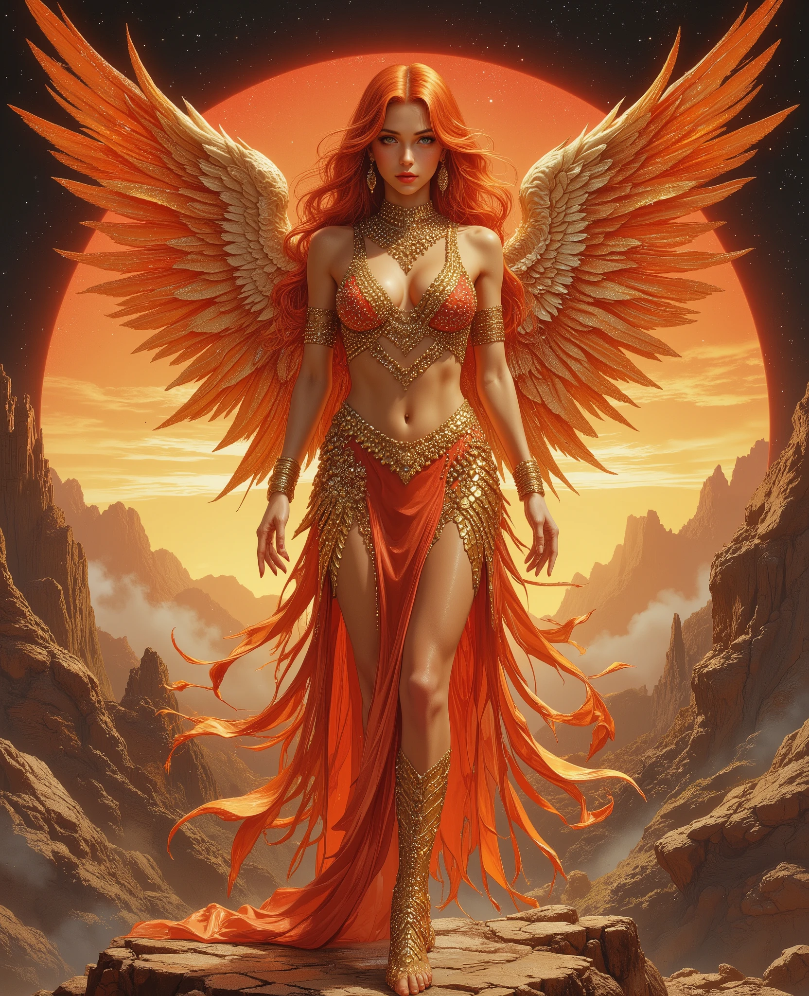 Surreal, otherworldly illustration against a dark elven sunset in the style of Karol Bak. A unique masterpiece. Gil Elvgren's angelic fantasy style, fantasy angelic image ((mid-ground)), red orange fire hair, large natural breasts, full body, graceful, piercing pose, gold jewelry emphasizes the ideal body anatomy, thin waist, incredible concept, luxury, intricate imagery, high detail, bright colors Kim Keever, complexity and volume, beautiful masterpieces, full figured body anatomy, embodiment of conceptual mysticism, white, red plastic MINIDEM