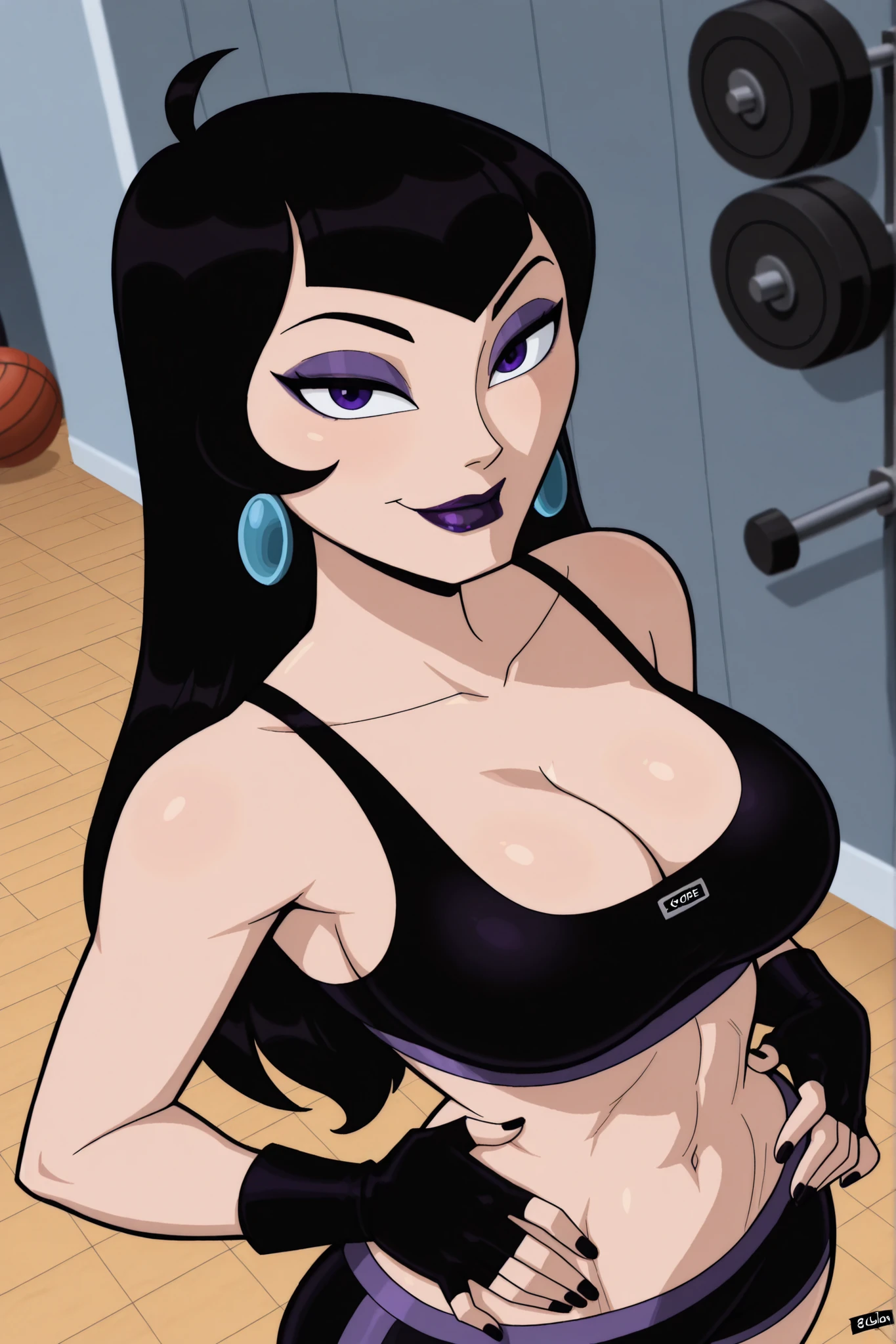 BREAK, score_6_up, score_7_up, score_8_up, score_9, 1girl, solo, long hair, purple eyes, black hair, earrings, makeup, lipstick, t4lb4ld4nd, , busty, cleavage, curvy, athletic, looking at viewer, seducing viewer, teasing viewer, expression, smiling, closed mouth, bedroom eyes, black sports bra, black gym shorts, black fingerless gloves, indoors, gym, standing, closeup, portrait, upper body, high-angle view, purple eyeshadow, hands on waist