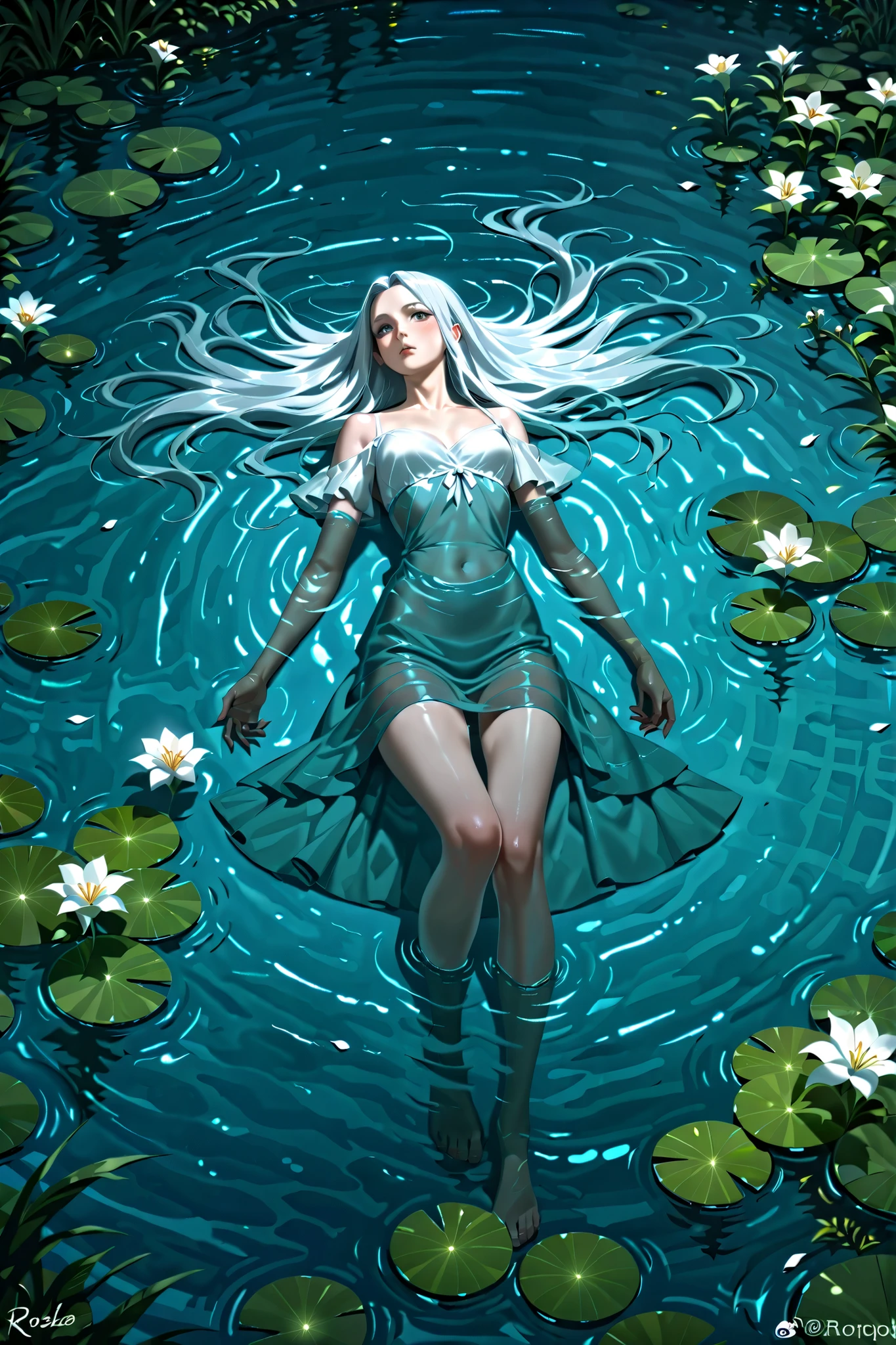 Keep the character exactly as in the original image, without altering your design, rosto, corpo, roupas, colors or expression. Transform the scenery so that she appears to be lying in calm water, keeping the anime style. The water must be translucent and soft, with delicate reflections on the skin, cabelo e vestido. Make some locks of hair appear to float slightly in the water. Add white flowers and some leaves floating around, creating a calm and ethereal atmosphere. The result must look clean and detailed, as a high-quality digital illustration in the anime style.