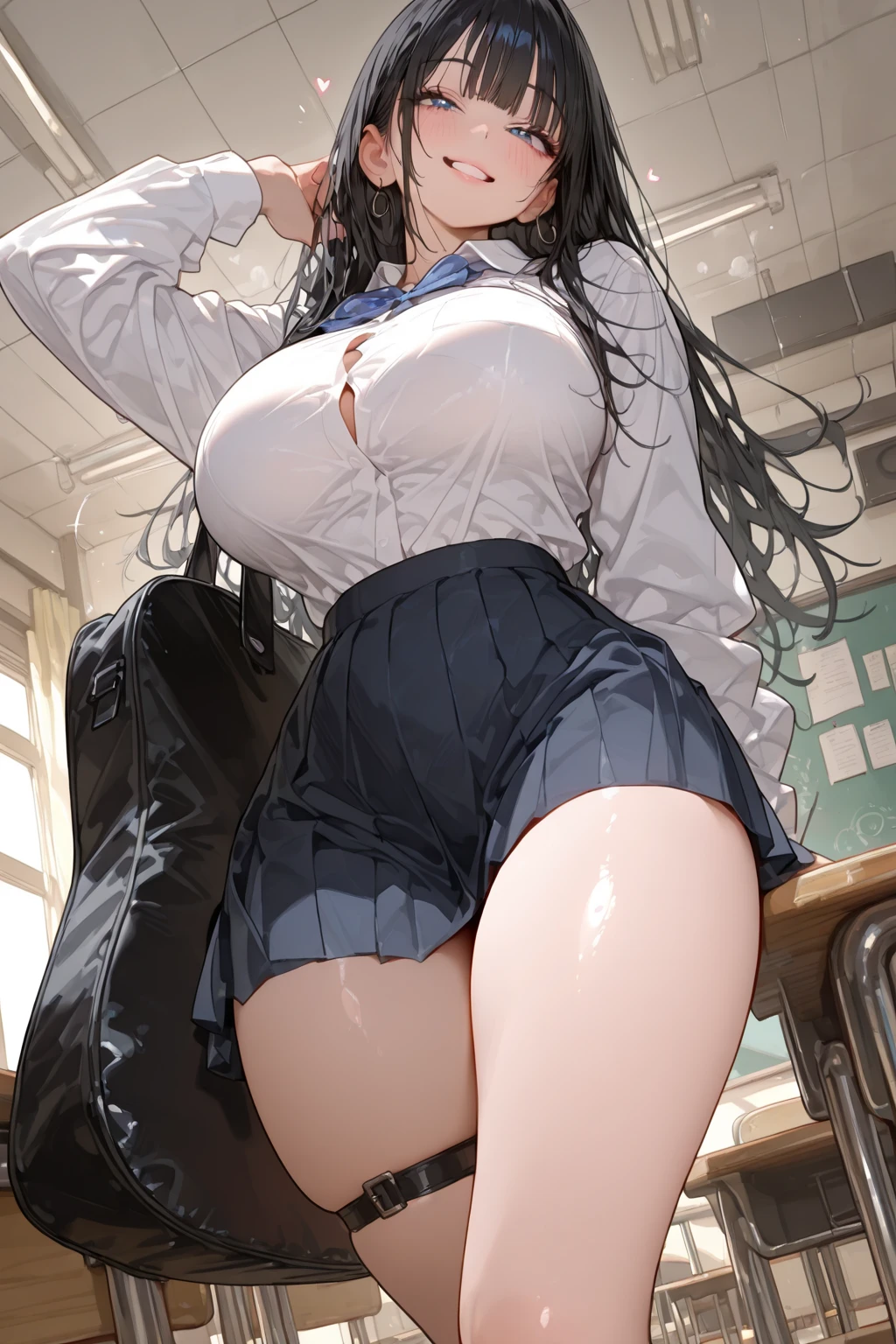  bully student in a high school classroom. She is wearing a short skirt and a tight blouse. She has a mischievous smile and long flowing hair. She is leaning over a nerdy boy with big glasses, who looks scared. She holds up her notebook as she teases him