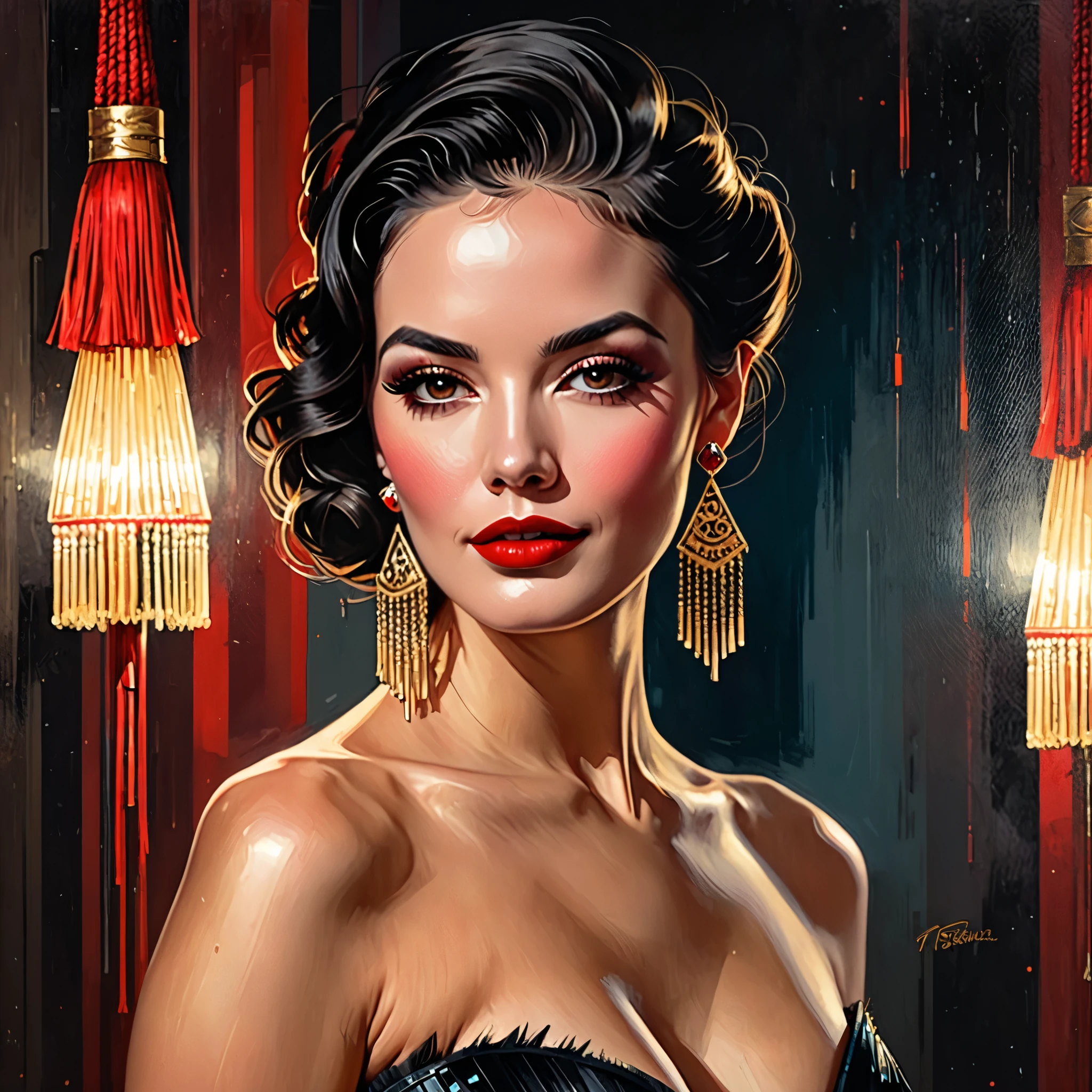 there is A womAn with A tAttoo on her Arm And A red lipstick, mArtin Ansin Artwork portrAit, stunning digitAl illustrAtion, Artstyle tom bAgshAw, pinup Art, stunning Artwork, illustrAtion Art, by GAlen DArA, Artgerm And tom bAgshAw, tom bAgshAw style, rob rey and kentarõ miura style, Art tom bAgshAw, A ((dark film)) portrAit pAinting of looking At the cAmerA with A subtle smile, she is weAring red lipstick And smAll blAck eArrings And hAs bAre shoulders And ((Luxurious burlesque illusion, TAssels )), shAft of light, full body portrAit, by GediminAs PrAnckevicius, JeAn GirAud, Russ Mills, CArne Griffiths, bright light