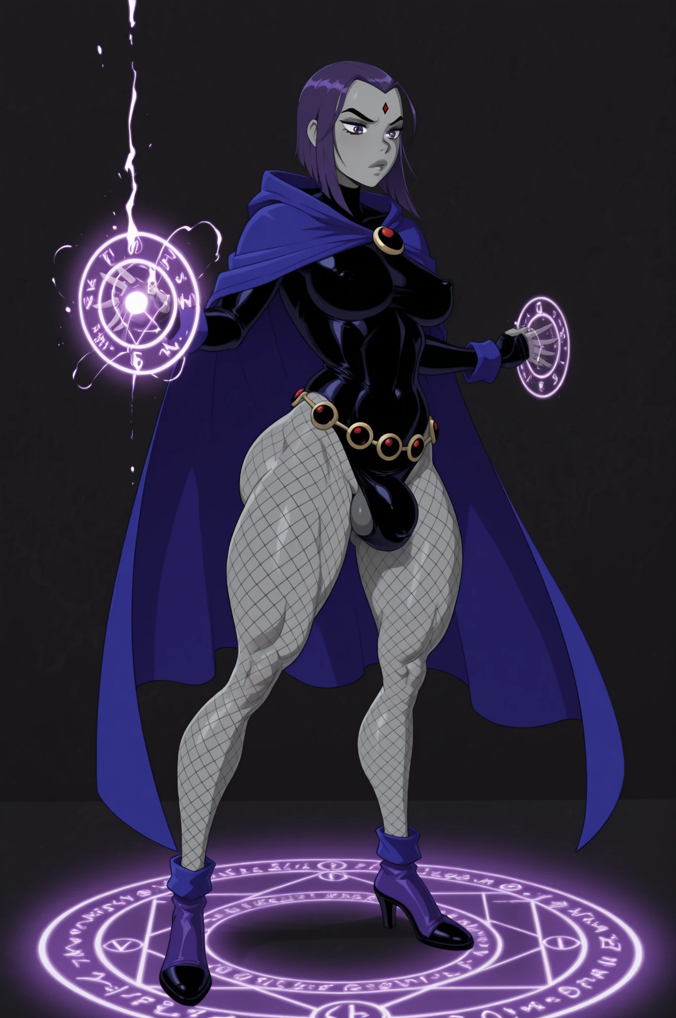 (above view standing in magic circle), solo,Stable_Yogis_Anatomy_Negatives_V1,(legs_far_apart),thick flaccid penis bulge, large testicle bulge under penis bulge, flaccid covered penis,1girl,IllusN3g,(masterpiece,best quality,ultra_detailed,highres,absurdres:1.2,amazing quality,very aesthetic),rating_explicit, source_anime, grey skin, purple hair, raven from dc, detailed thighs, high waisted leotard, loose crooked belt, short purple hair, hood down, cloak, covered nipples, forehead jewel, very wide hips, tight fishnet pantyhose, normal sized waist, (void background:1.4), bubble butt, high heels, dynamic mage pose, casting magic, (very thick thighs), (detailed_thigh_muscles)