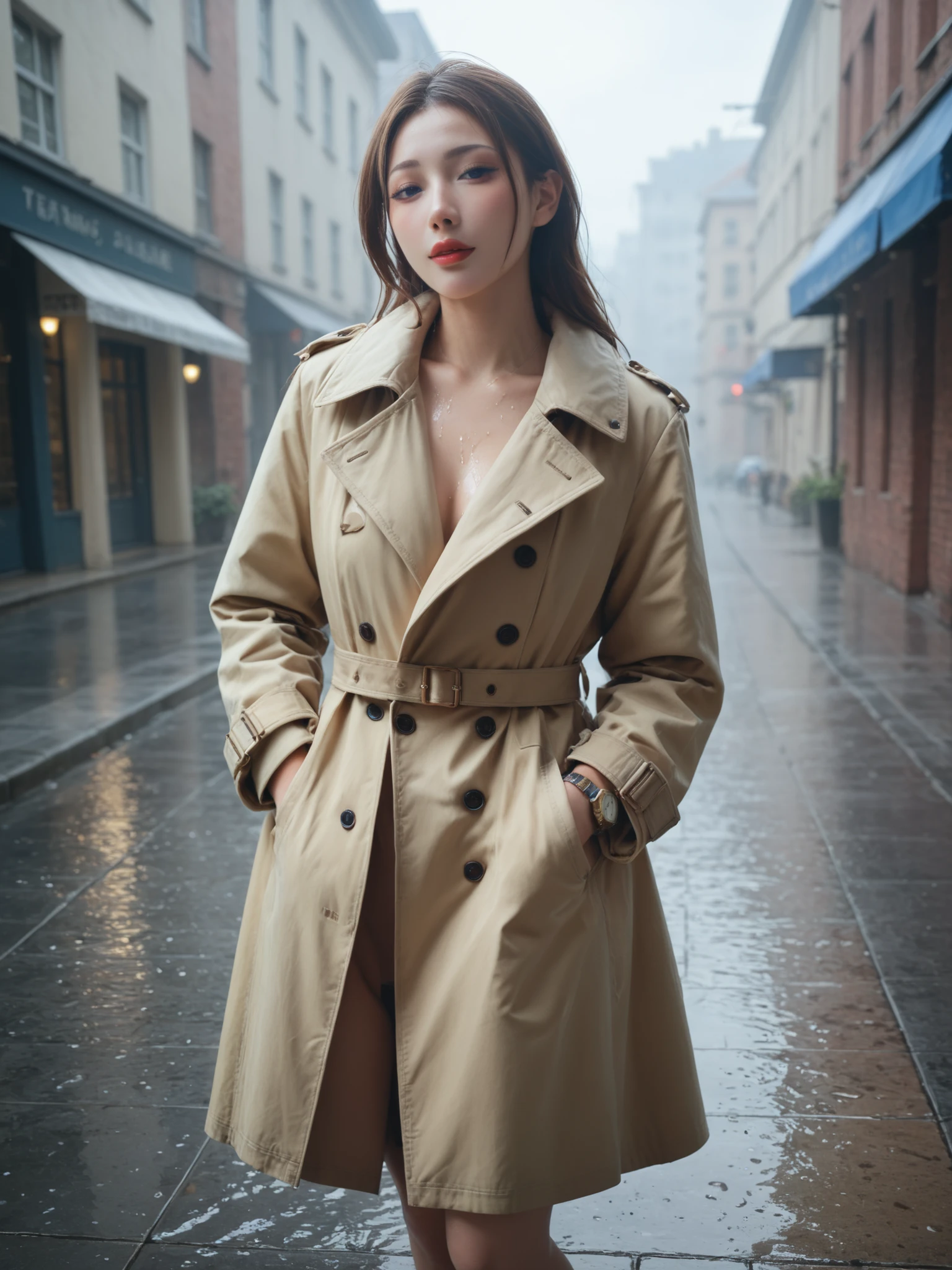 Highest Quality,masterpiece,watch viewers,trench coatの人,trench coat,Stroke a wet pavement with a hem,Morning Mist,pose with movement,soft to the touch, Delicate Body Curves, Realistic Human Body,