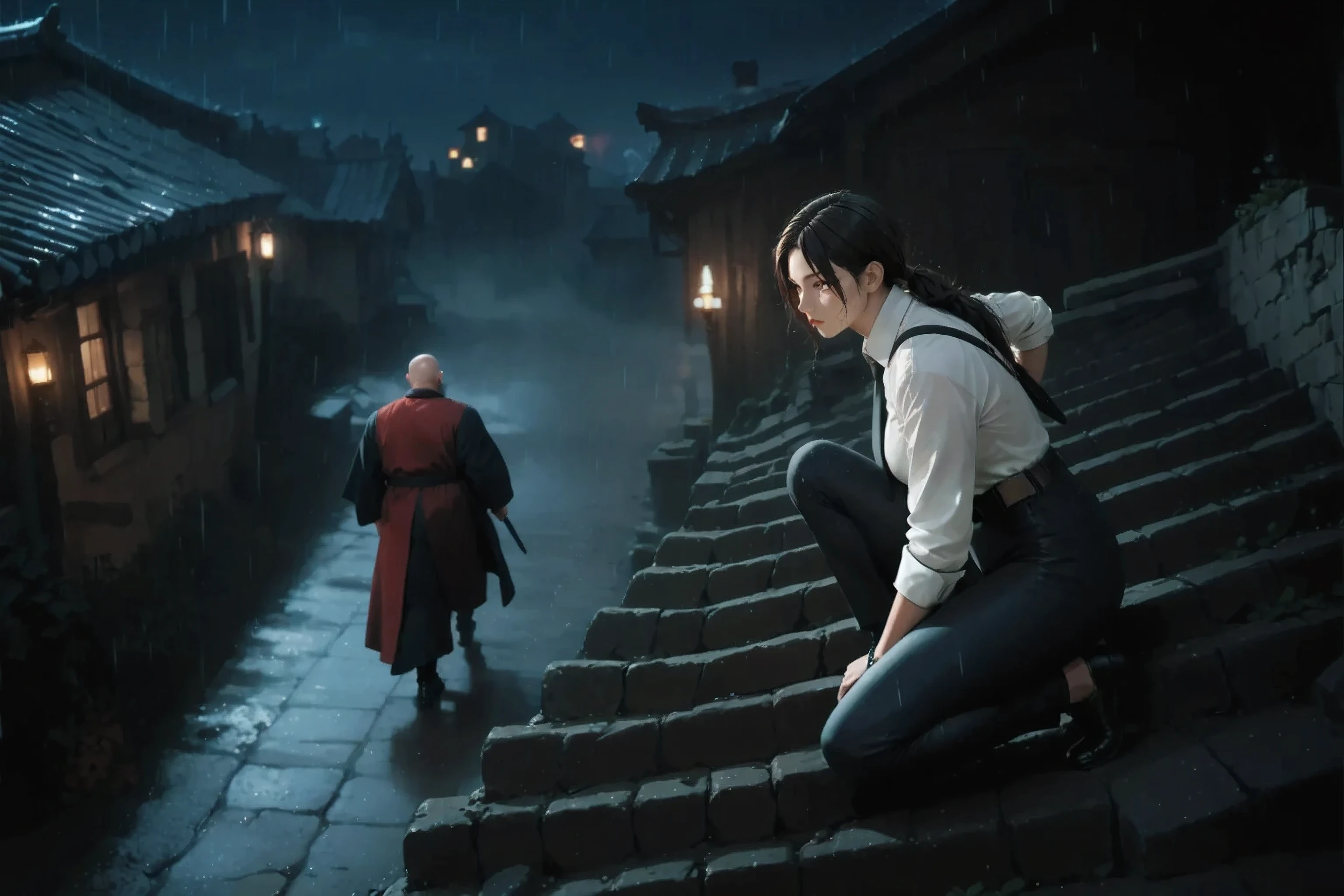 Top view of a medieval-style tiled roof sitting in the rain : K977, (((masterpiece))), (the best quality), (very aesthetic), (bangs), (reddish eyes), (((highest quality))), (high resolution), (best illustration), (anime style), (Detailed and gentle face), (beautiful and tender eyes), (beautiful detailed eyes),( complicated detail ), (highly detailed), (ultra detailed), (ultra-high definition), (extremely detailed CG), (perfect anatomy), (perfect arms), ((perfect fingers)), (perfect legs), ( smooth soft skin ), (cinematic scale), 1 maiden, One, black suit, Open black jacket, black pants, black pants, (black tie:1.3), (видимый black tie), (background tie is clearly visible over the shirt), (tie over the chest), white formal shirt fully buttoned, (tight, but not up to the break), (buttoned uniform:1.3), melancholic facial expression, (sits crouching down and watching down), in a dynamic ranger pose,
Down the old pavement, another man walks from us. You can see his back: , a fat aristocrat with a bald beard and a red and black robe.
it's raining heavily. Night. dark, Dark frame. Dark style.