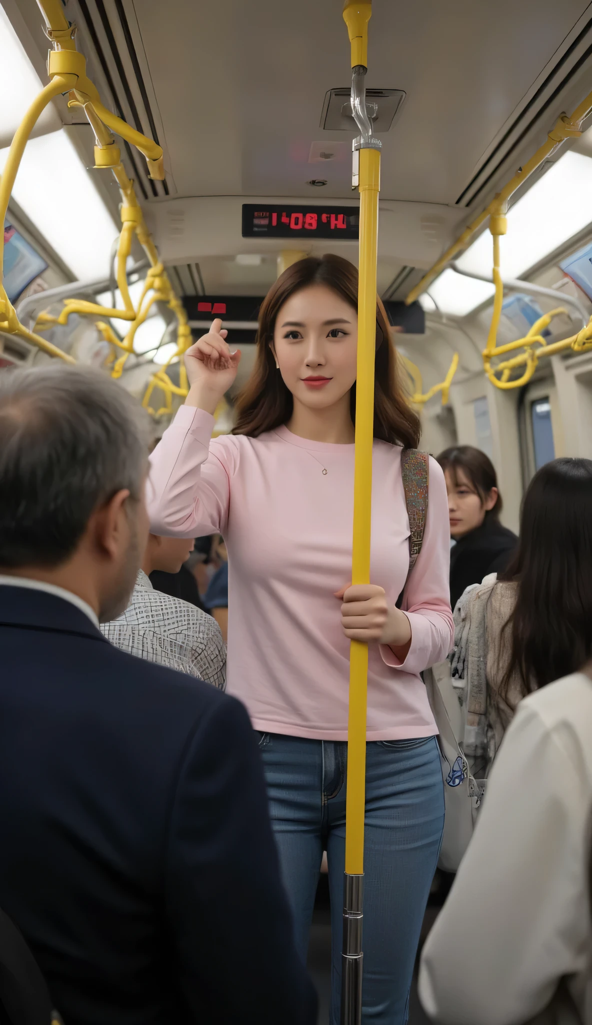 The atmosphere was crowded and crowded with passengers inside the Japanese subway cars, the passengers stood together holding the handle iron above. Among the passengers was a woman about 50 years old from Japan, dressed sensually like a model, wearing a pink longsleeve T-shirt, wearing denim pants, ukuran dada F40, wavy long hair. He stands holding a yellow strap on top alongside other passengers. He was standing on the back of the old man in front of him because the passengers were crowded. The man in front of him was smiling. All passengers are focused on enjoying the tight train ride. The interior of the train had a digital trackboard with red starches, Yellow handrail hanging above. Kamera candid, fokus ke wanita, shoulder shoot, candid, realistis, 4K.