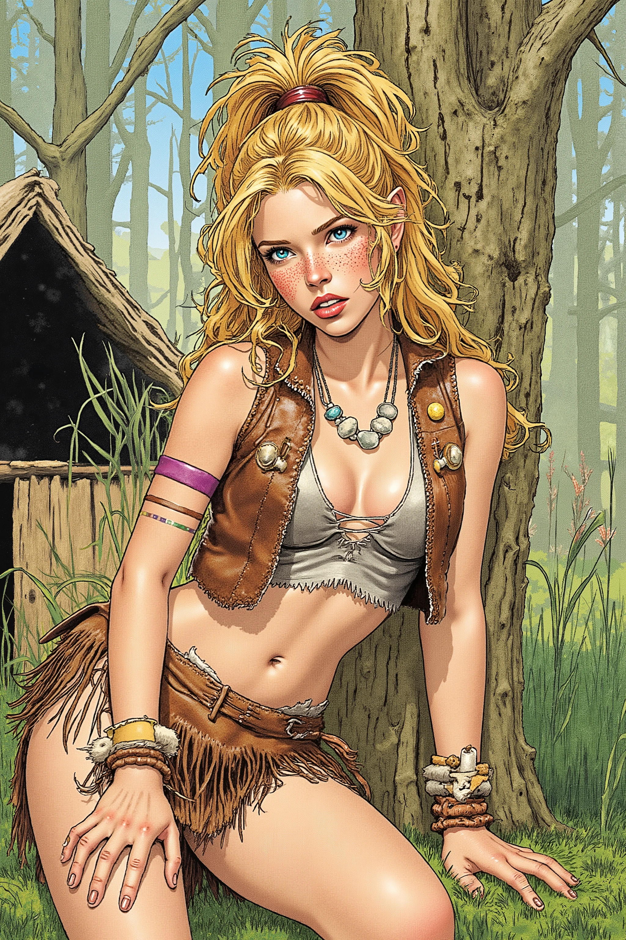 Teen,Teen Girl,itacomic1 illustration,Daria,C4STL3V4NI4,Girl,
💋 : Kaelia – Die Wilde Blume
🌟 : Comicstyle, 4K, Don Lawrence Style, inspiriert von Comics der 80er und Amazonengeschichten, hochdetailliert, klare Linien, lebendige Farben, verschiedene Perspektiven: Vorderansicht,
Lichtverhältnisse: Dämmerung
🌌 : Dichter Wald mit flackerndem Lagerfeuer, frische Luft mit Duft von Erde und Kräutern,
Hintergründ: Amazonenhütte,
Tageszeiten: morgens,
😈 : Junge Frau mit sommersprossigem, gebräuntem Gesicht, hellblaue, wache Augen, wilde honigfarbene Mähne zu einem hohen Pferdeschwanz gebunden, einige Strähnen wehen im Wind, schlanke, sehnige Statur mit agiler Grazie, konsistente Gesichtszüge und Körperproportionen
🔥 : Kleidung: Hautenges Trägeroberteil aus gegerbtem Leder, ausgefranster knielanger Lederrock bis mid-thigh, barfuß mit narbenbedeckten Füßen, leichte primitive Wildlederweste mit Flusssteinen und Holzperlen, Schmuck aus Federn, Fischknochen, geflochtenen Gräsern und Eberzähnen, bemalt mit wilden Streifen aus farbiger Erde auf Armen und Gesicht
Posen: Lehnt an einem Baum, wippt auf den Fußballen, spielt mit einem Grashalm
Gesichtsausdrücke: Erschöpfung und sanfte Ruhe (halbbedeckte Augen, weicher Mund, leichte Anspannung)
Details: Fokus auf Texturen (Leder, Narben, Schmuck), konsistente Hauttöne, Sommersprossen, Augenfarbe, Haarsträhnen