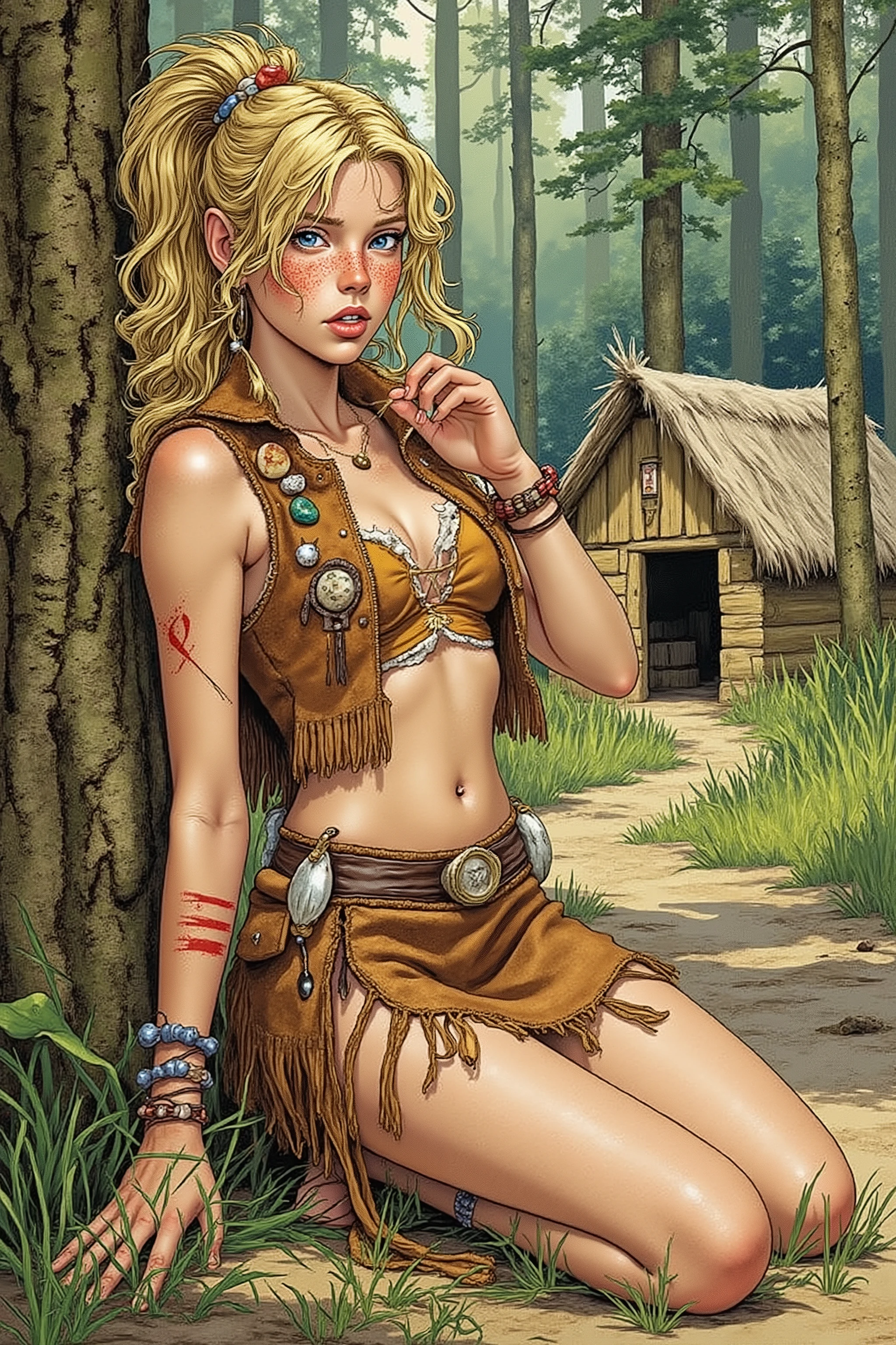 Teen,Teen Girl,itacomic1 illustration,Daria,C4STL3V4NI4,Girl,
💋 : Kaelia – Die Wilde Blume
🌟 : Comicstyle, 4K, Don Lawrence Style, inspiriert von Comics der 80er und Amazonengeschichten, hochdetailliert, klare Linien, lebendige Farben, verschiedene Perspektiven: Vorderansicht,
Lichtverhältnisse: Dämmerung
🌌 : Dichter Wald mit flackerndem Lagerfeuer, frische Luft mit Duft von Erde und Kräutern,
Hintergründ: Amazonenhütte,
Tageszeiten: morgens,
😈 : Junge Frau mit sommersprossigem, gebräuntem Gesicht, hellblaue, wache Augen, wilde honigfarbene Mähne zu einem hohen Pferdeschwanz gebunden, einige Strähnen wehen im Wind, schlanke, sehnige Statur mit agiler Grazie, konsistente Gesichtszüge und Körperproportionen
🔥 : Kleidung: Hautenges Trägeroberteil aus gegerbtem Leder, ausgefranster knielanger Lederrock bis mid-thigh, barfuß mit narbenbedeckten Füßen, leichte primitive Wildlederweste mit Flusssteinen und Holzperlen, Schmuck aus Federn, Fischknochen, geflochtenen Gräsern und Eberzähnen, bemalt mit wilden Streifen aus farbiger Erde auf Armen und Gesicht
Posen: Lehnt an einem Baum, wippt auf den Fußballen, spielt mit einem Grashalm
Gesichtsausdrücke: Erschöpfung und sanfte Ruhe (halbbedeckte Augen, weicher Mund, leichte Anspannung)
Details: Fokus auf Texturen (Leder, Narben, Schmuck), konsistente Hauttöne, Sommersprossen, Augenfarbe, Haarsträhnen