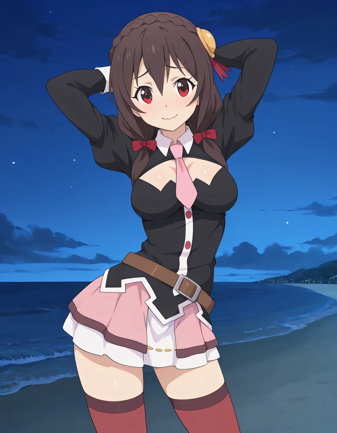 Yunyun-Liver020,
outfit 1, outfit1
red eyes, brown hair, pink necktie, red thighhighs, long hair, black shirt, large breasts, pink skirt, white skirt, brown hair, black hair, long sleeves, hair ornament, red eyes, thighhighs, bow, ribbon, hair between eyes, twintails, braid, hair bow, pleated skirt, brown boots, puffy sleeves, brown belt, miniskirt, red bow, clothing cutout, cleavage cutout, juliet sleeves, pink skirt, crown braid, anime screencap, shiny skin, high quality, solo, night sky, beach, hands behind head, ((contrapposto)), closed mouth, cowboy shot, looking at viewer, wavy mouth, blushing, shy, smile, best quality