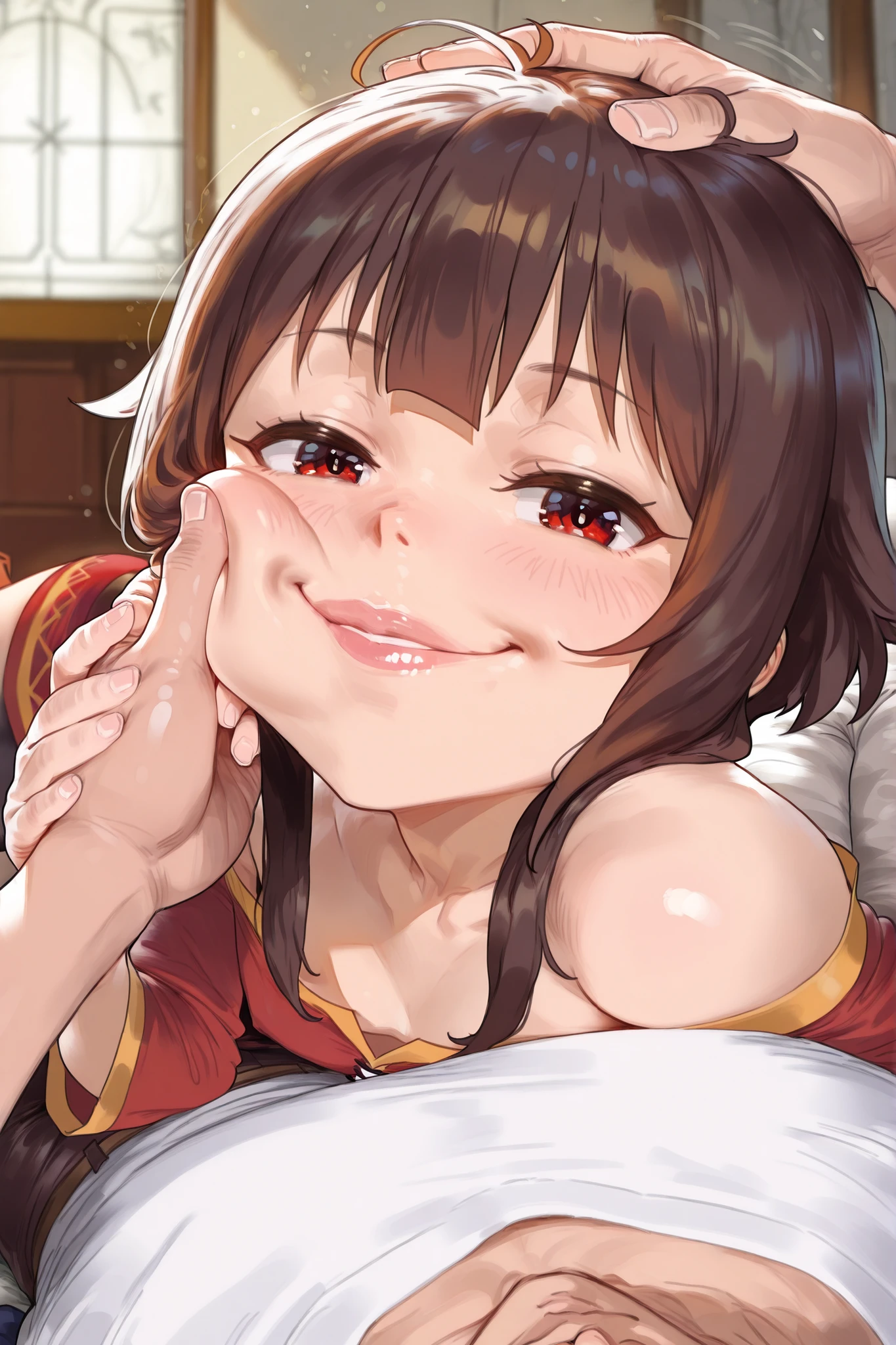 1loli, on side, lying, from side, resting head, happy, lips, megumin(konosuba), resting on chest, lean back, looking at viewer, head on pov chest, snuggle, flirt, romantic atmosphere, happy, cozy, male pov, povoverShoulder, pov hands, pov arms, lying on lap, face grab, rest, comfort, reach around, headpat, realistic, lying on side, finger in mouth, cheek grab, caressing