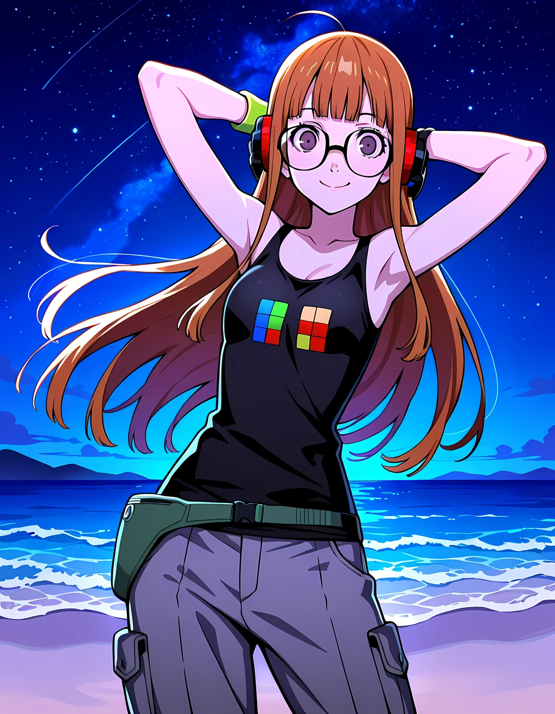 p5futaba, sakura futaba, long hair, glasses, blunt bangs, orange hair, ahoge,
p5futaba-summer, behind-the-head headphones, black tank top, bare shoulders, cargo pants, tetris, grey pants, fanny pack, wristband, shiny skin, high quality, solo, night sky, beach, (hands behind head), ((contrapposto)), closed mouth, cowboy shot, looking at viewer, smile, best quality
