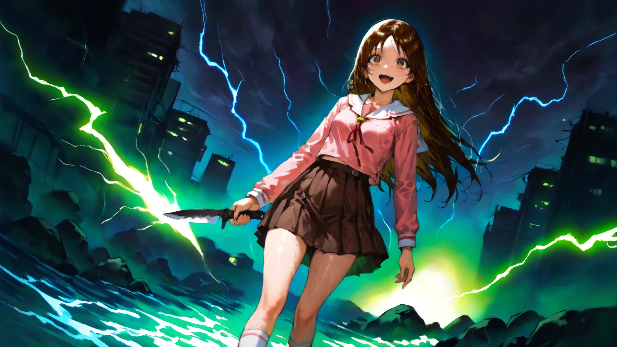 Osaka \(azumanga daioh\)  kasuga ayumu a girl standing in a stormy environment, holding a glowing weapon, with a playful smirk; her knife floats just above her palm, with lightning striking in the background. the image also shows a dark, stormy sky with purple and blue hues, and a city skyline in the distance. on the middle of the image, Big expressive eyes, wet hair strands, a 1girl, who appears to be in her early twenties, with long brown hair and a happy expression, is standing with her hands on her hips, looking directly at the viewer. she is wearing a pink long-sleeved shirt, a brown pleated skirt, and white knee-high socks. her eyes are wide open, and she has a small smile on her face. her body is slim and she is standing on a rocky outcrop. the lighting is dramatic, with a bright green glow emanating from her weapon.  1girl, solo, unrivaled beauty, petite build, open mouth,  small breasts,  brown hair, brown eyes, big eyes,  serafuku, school uniform, whole body, slim hips,  slim figure,  choppy bangs, dramatic angle, grimdark,horror, clothing texture, detailed eyes, beautiful face, beautiful girl, beautiful body, beautiful hair, Masterpiece, very aesthetic, perfect composition, ((detailed eyes)), (highly detailed), ((Best quality :1.2)),((Detailed :1.5)),((Detailed background :1.5)). (HD eyes:1.4), ((4k,8k,Ultra HD)), {perfect body},  (oldschool style), retro artstyle, 2000 style, 