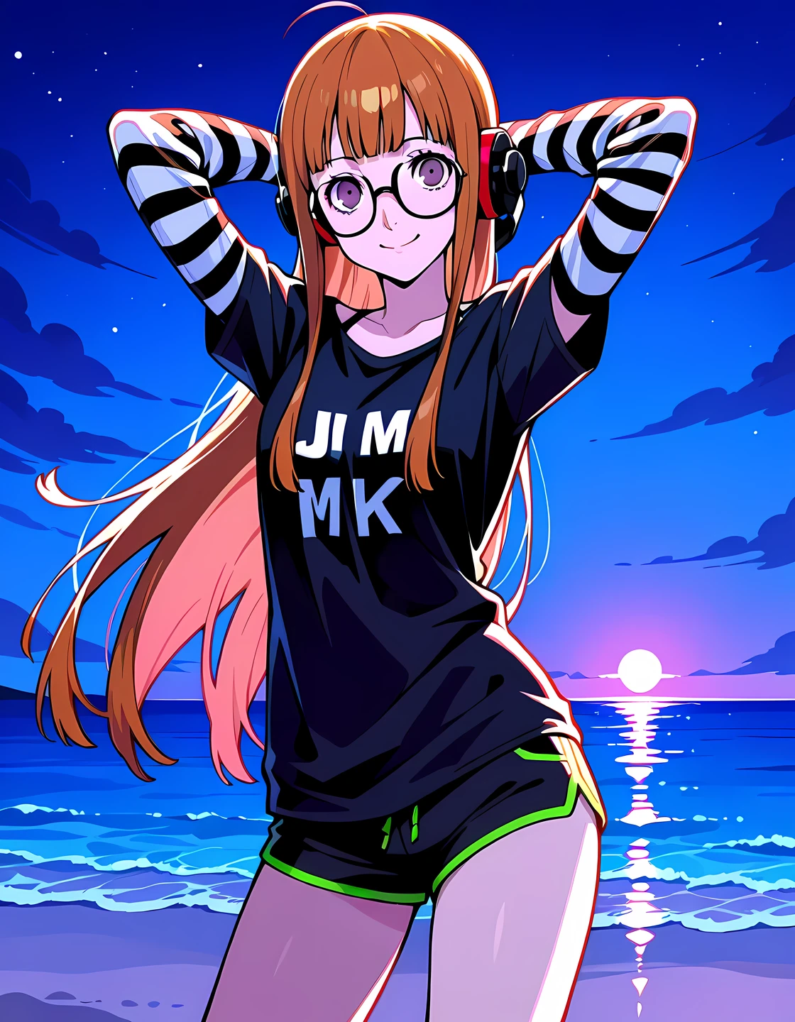 p5futaba, sakura futaba, long hair, glasses, blunt bangs, orange hair, ahoge,
p5futaba-lounge, black shirt, striped sleeves, behind-the-head headphones, jlmk!, black shorts, short shorts, shiny skin, high quality, solo, night sky, beach, (hands behind head), ((contrapposto)), closed mouth, cowboy shot, looking at viewer, smile, best quality