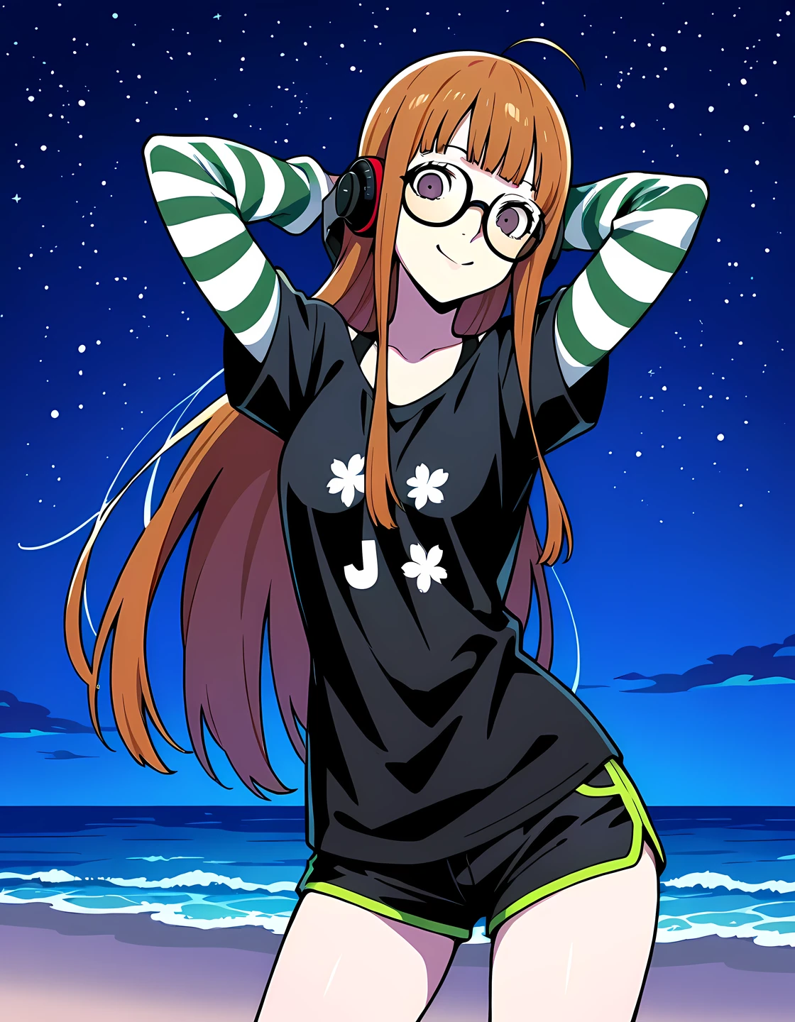 p5futaba, sakura futaba, long hair, glasses, blunt bangs, orange hair, ahoge,
p5futaba-lounge, black shirt, striped sleeves, behind-the-head headphones, jlmk!, black shorts, short shorts, shiny skin, high quality, solo, night sky, beach, (hands behind head), ((contrapposto)), closed mouth, cowboy shot, looking at viewer, smile, best quality