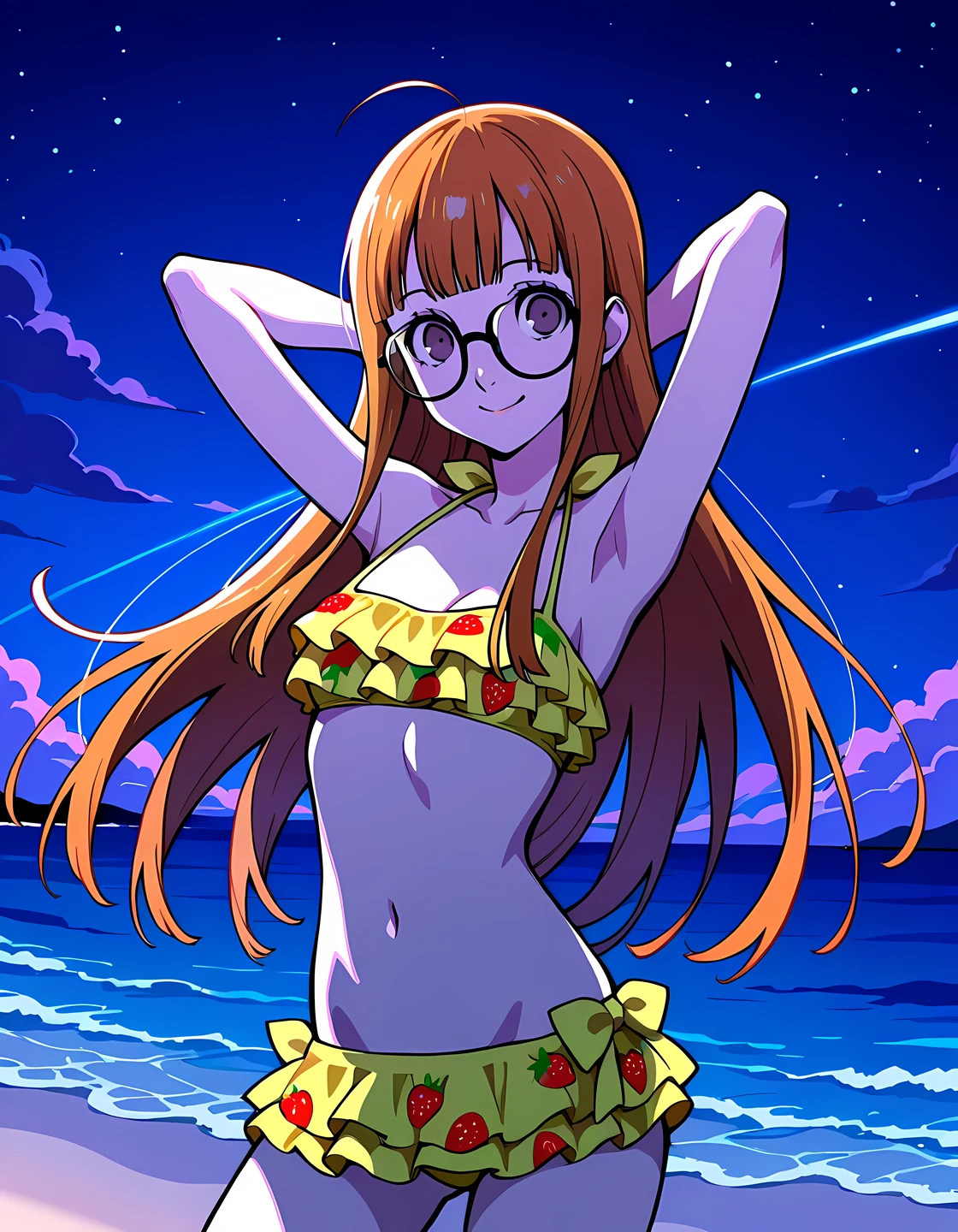 p5futaba, sakura futaba, long hair, glasses, blunt bangs, orange hair, ahoge,
p5futaba-swim, small breasts, swimsuit, frilled bikini, yellow bikini, bikini skirt, red strawberry pattern, high quality, solo, night sky, beach, (hands behind head), ((contrapposto)), closed mouth, cowboy shot, looking at viewer, smile, best quality