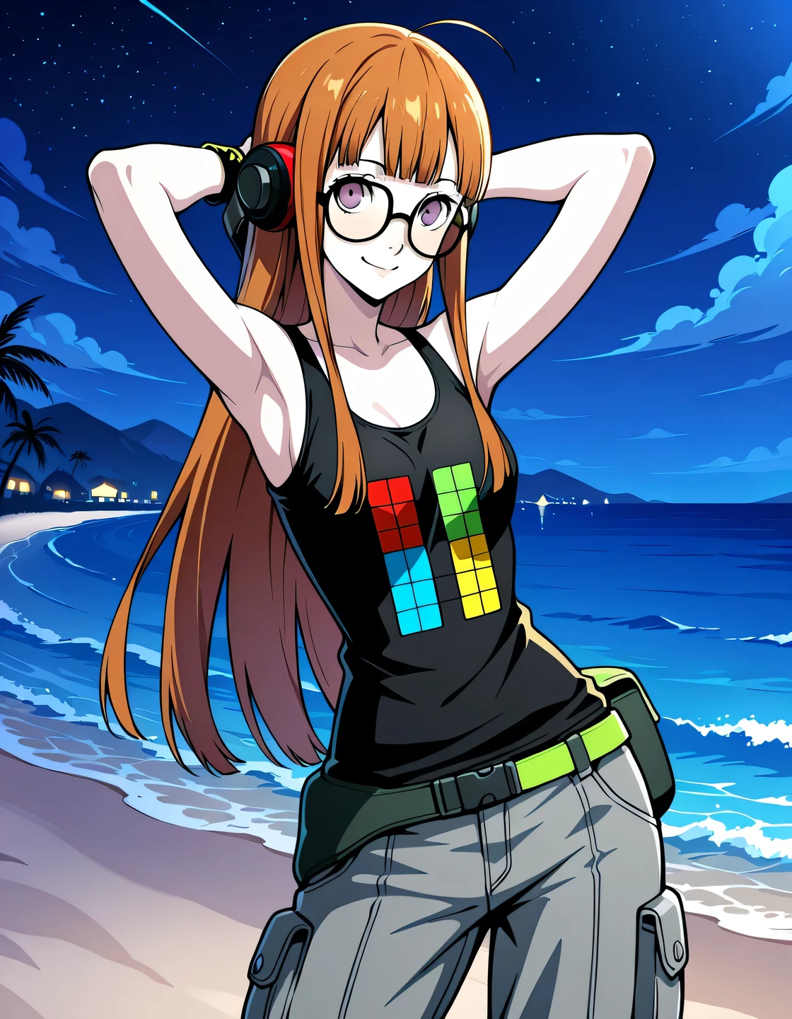 p5futaba, sakura futaba, long hair, glasses, blunt bangs, orange hair, ahoge,
p5futaba-summer, behind-the-head headphones, black tank top, bare shoulders, cargo pants, tetris, grey pants, fanny pack, wristband, shiny skin, high quality, solo, night sky, beach, (hands behind head), ((contrapposto)), closed mouth, cowboy shot, looking at viewer, smile, best quality