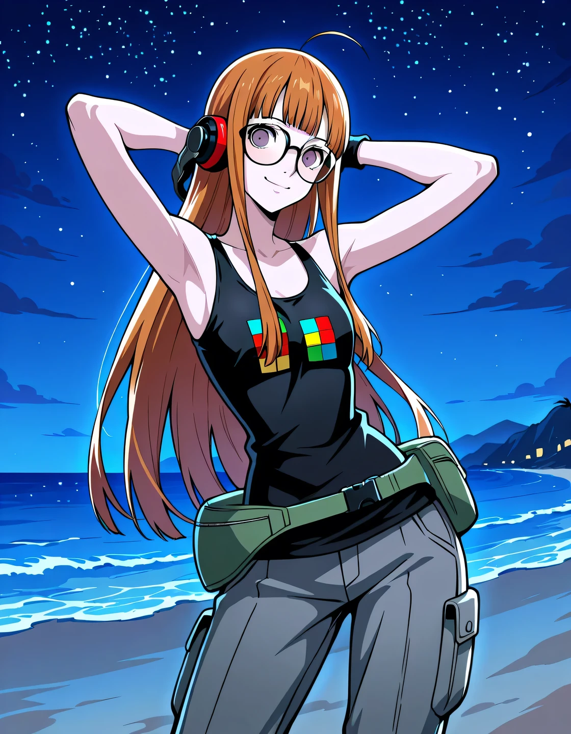 p5futaba, sakura futaba, long hair, glasses, blunt bangs, orange hair, ahoge,
p5futaba-summer, behind-the-head headphones, black tank top, bare shoulders, cargo pants, tetris, grey pants, fanny pack, wristband, shiny skin, high quality, solo, night sky, beach, (hands behind head), ((contrapposto)), closed mouth, cowboy shot, looking at viewer, smile, best quality